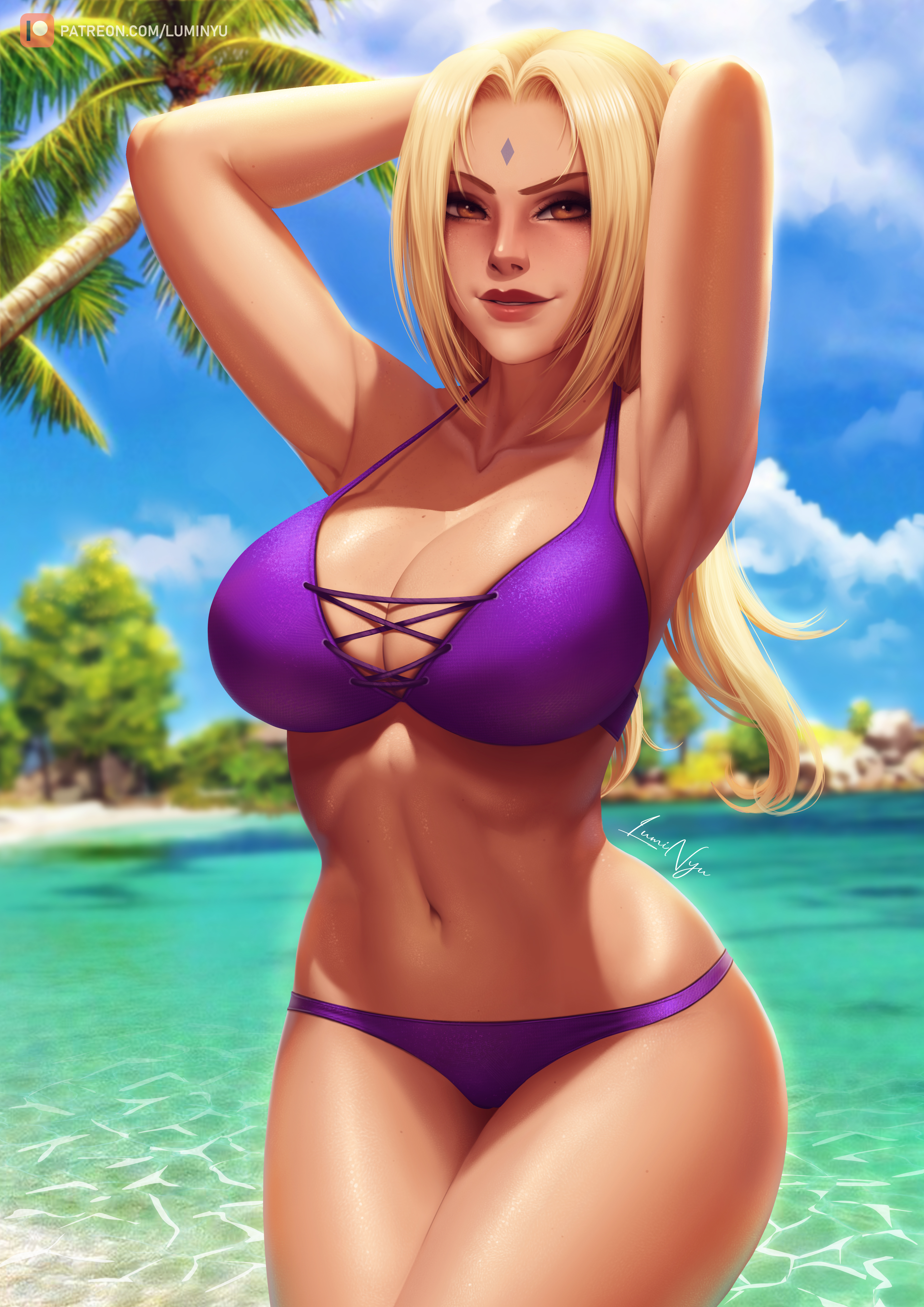 1girls, absurd res, alternate version available, armpits, arms behind back, arms behind head, arms up, barely contained, beach, big breasts, bikini, blonde hair, breasts, brown eyes, curvaceous, curves, curvy, female, female focus, female only, full lips, high resolution, highres, hips, hokage, hourglass figure, human, human female, large breasts, light-skinned female, lips, lipstick, long hair, luminyu, mature, mature female, naruto, naruto (series), naruto shippuden, navel, one-piece swimsuit, patreon, patreon reward, patreon username, slim waist, smile, solo, solo focus, summer, swimsuit, tagme, tattoo, thick thighs, thighs, tsunade, voluptuous, white skin, wide hips, yellow hair