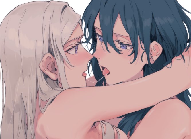 2girls, after kiss, bare arms, blue eyes, byleth (fire emblem), byleth (fire emblem) (female), edelgard von hresvelg, female, female only, female protagonist, fire emblem, fire emblem: three houses, french kiss, hug, hugging, jef, kissing, long hair, multiple females, multiple girls, nintendo, saliva, saliva string, saliva trail, teal hair, tkai40, white hair, yuri