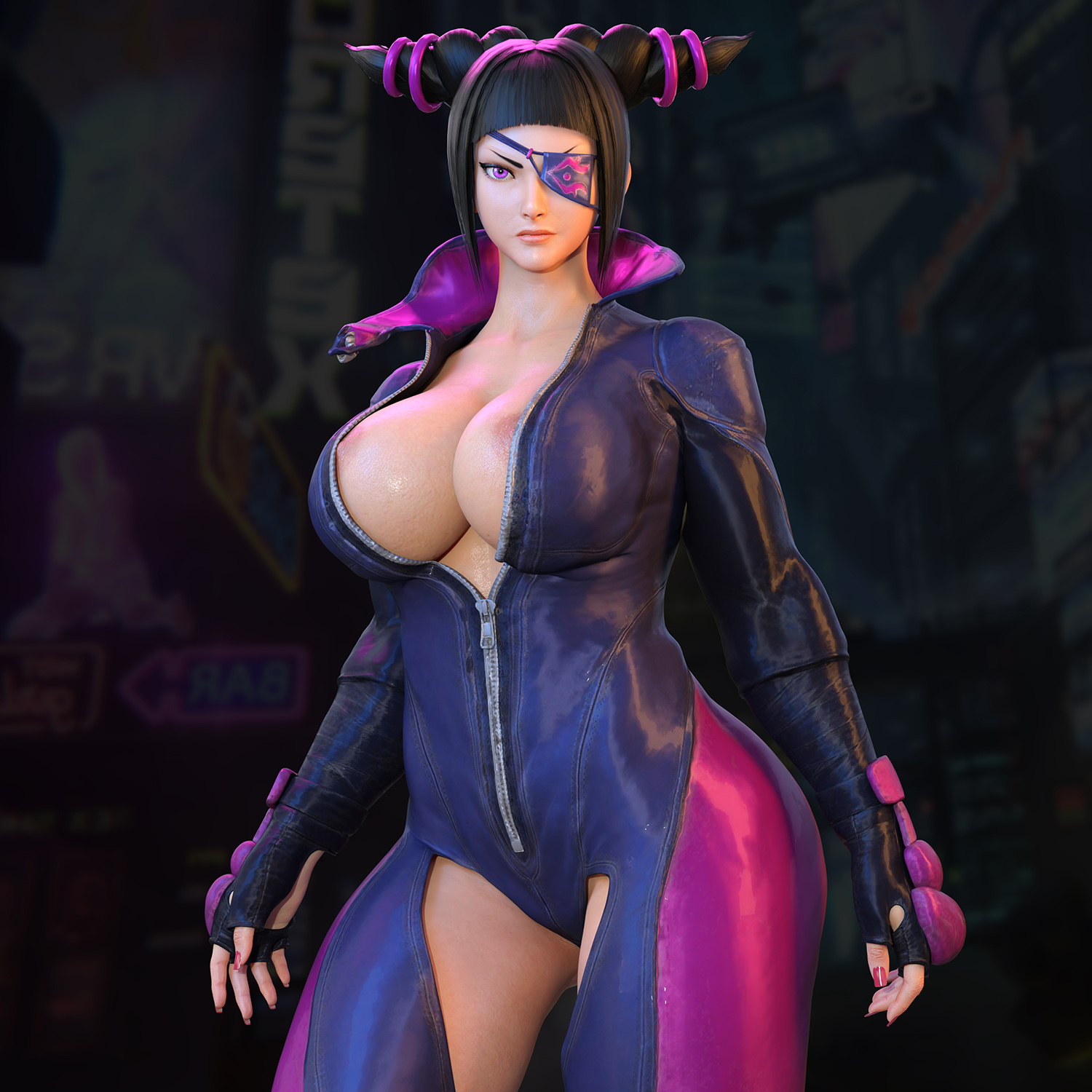 1girls, 3d, black hair, bodysuit, breasts, busty, female, female only, hourglass figure, juri han, light skin, light-skinned female, long hair, nordfantasy, pose, posing, purple eyes, solo, standing, street fighter, street fighter v, tagme, tied hair, wide hips