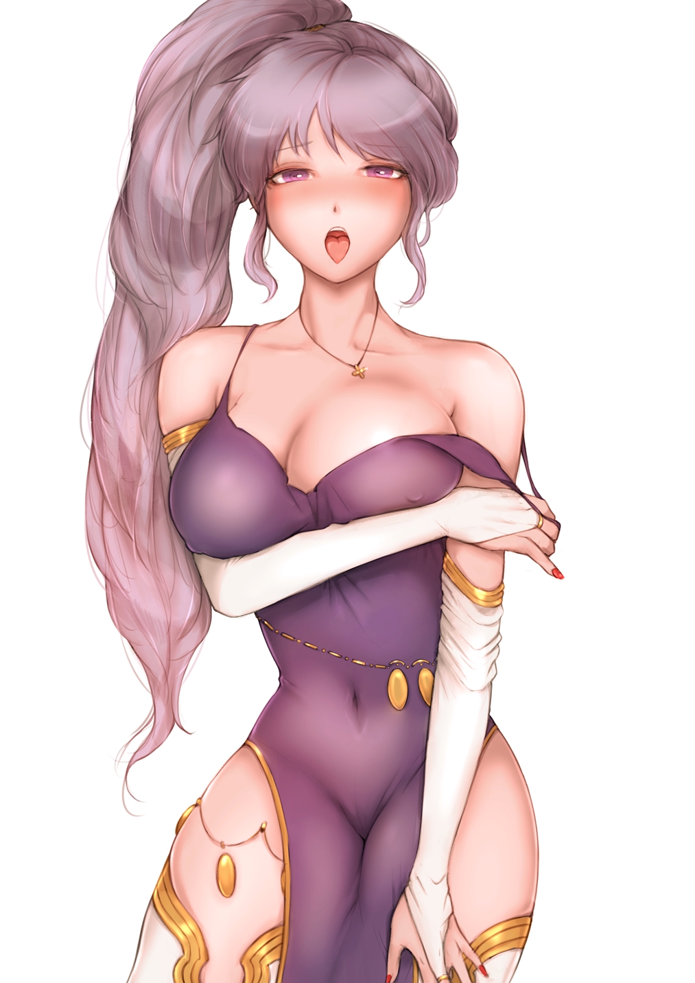 1girls bare_shoulders bare_thighs big_breasts blush breasts cleavage elbow_gloves female fire_emblem fire_emblem:_genealogy_of_the_holy_war gloves highres ishtar_(fire_emblem) jtaka large_breasts long_hair looking_at_viewer midriff nintendo nipple_bulge nipples open_mouth ponytail purple_eyes red_nails see-through side_ponytail thighs tongue tongue_out undressing