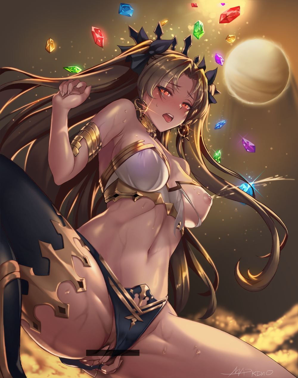 arm_behind_back armlet armpit_crease backlighting bangs bar_censor bare_shoulders between_legs bikini bikini_aside black_bikini black_legwear black_ribbon blush breasts bridal_gauntlets brown_hair censored cleavage collar eyebrows_visible_through_hair fate/grand_order fate_(series) female gem hair_ribbon half-closed_eyes hand_between_legs highres ishtar_(fate) lactation large_breasts long_hair looking_down mad_kimo masturbation mismatched_bikini navel one_breast_out open_mouth parted_bangs planet pussy pussy_juice red_eyes ribbon signature single_thighhigh solo spread_legs stomach sweat swimsuit thighhighs thighlet tongue tongue_out torn_bikini two_side_up upper_teeth white_bikini