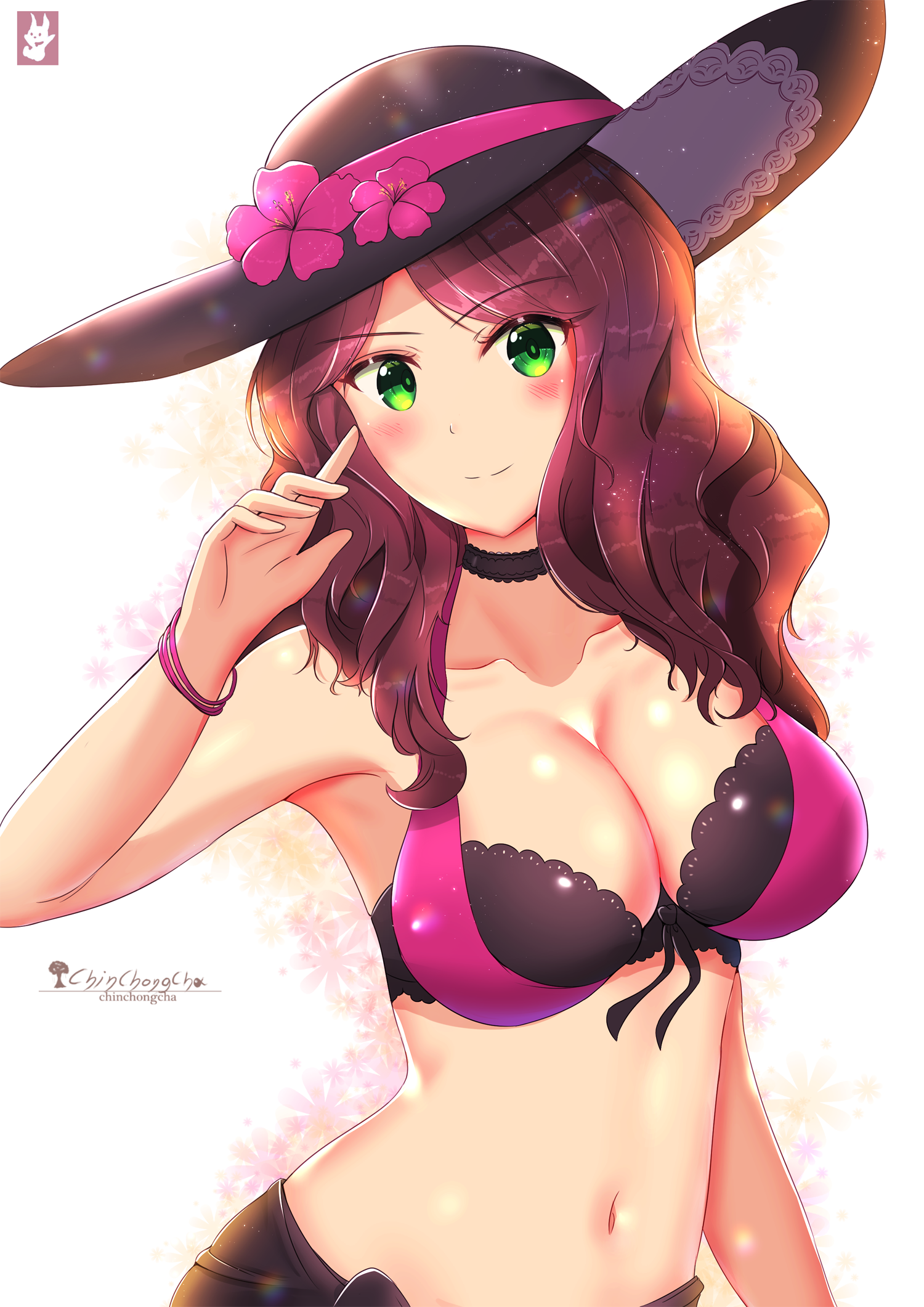1girls, bikini, blush, brown hair, chinchongcha, cleavage, collarbone, dorothea arnault, dorothea arnault (summer), female, fire emblem, fire emblem heroes, fire emblem: three houses, green eyes, hat, hat flower, long hair, looking at viewer, midriff, nintendo, solo, sun hat, swimsuit