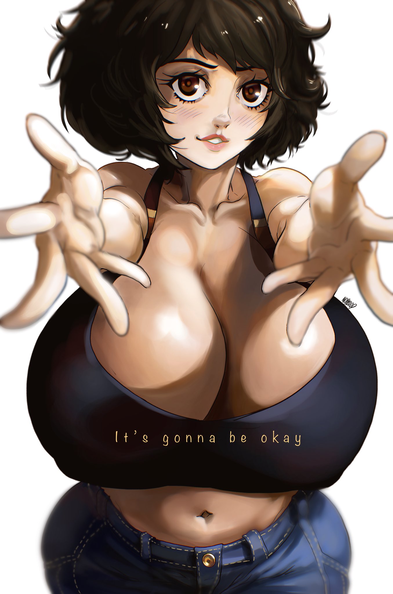 1girls, 2021, atlus, black bra, black sports bra, black underwear, blush, bra, breasts, brown eyes, brown hair, clavicle, cleavage, clothing, cute, denim, female, female focus, female only, gigantic breasts, hi res, huge breasts, hyper, hyper breasts, jeans, looking at viewer, milf, navel, nipple bulge, noblood, open mouth, pants, parted lips, persona, persona 5, ryandomonica, sadayo kawakami, short hair, solo, sports bra, standing, teacher, teeth, thick thighs, underwear, venus body, voluptuous, white background, wide hips