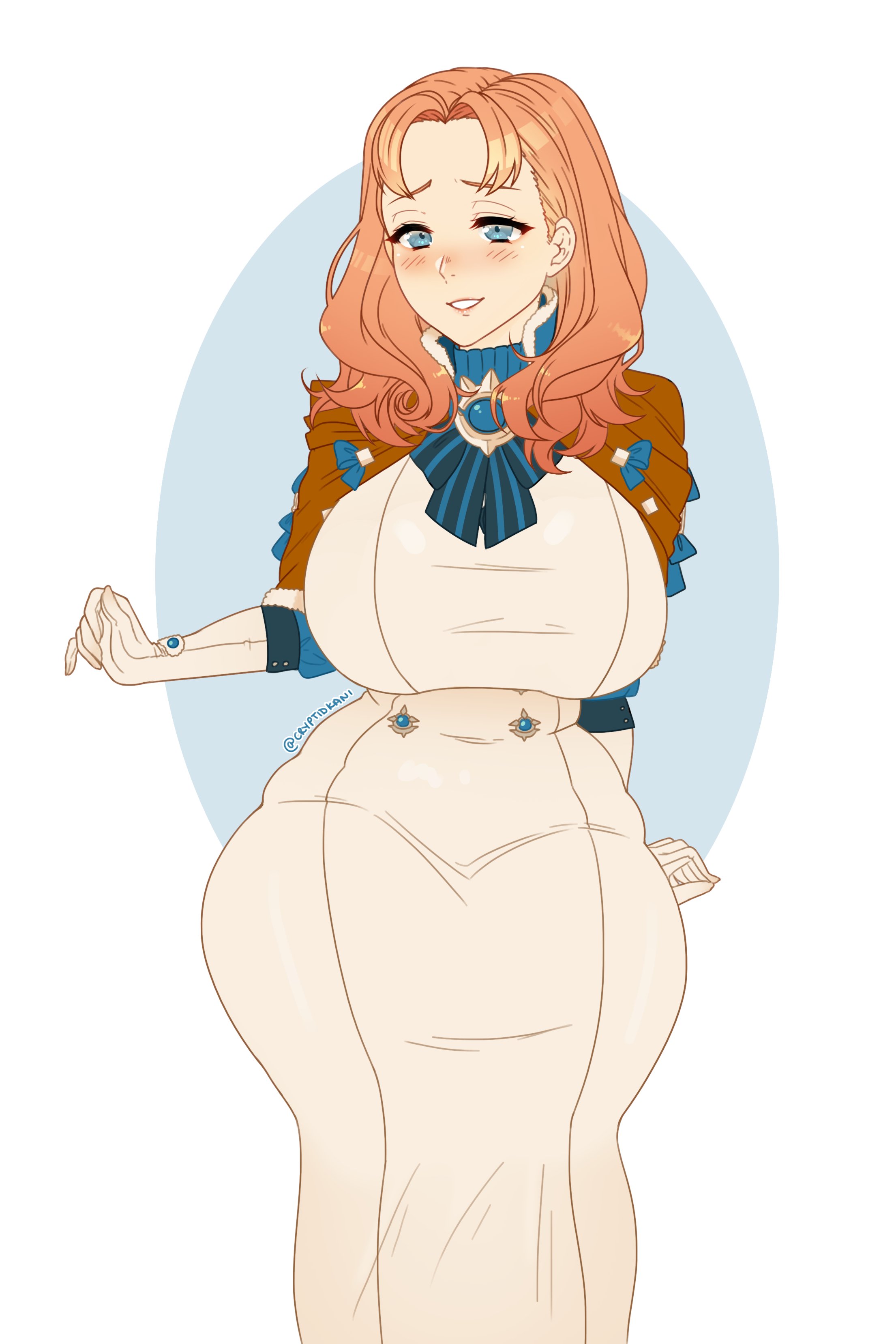 1girls, aged up, alternate breast size, annette fantine dominic, blue eyes, blush, blushing, breasts, cryptid crab, dress, elbow gloves, female, female only, fire emblem, fire emblem: three houses, gloves, huge breasts, human, large breasts, long gloves, long hair, medium hair, nervous smile, nintendo, orange hair, post-timeskip, shy smile, smile, solo, thick thighs, thighs, wide hips