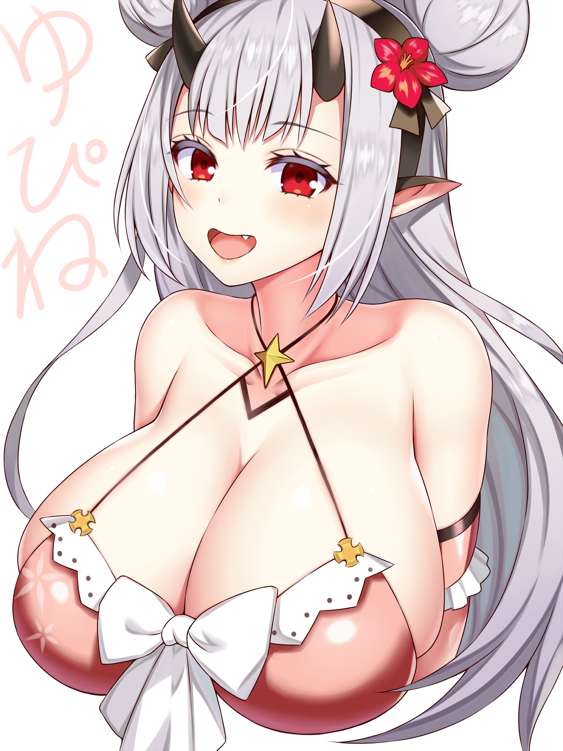 bikini top, breasts, cleavage, dragon girl, epic7, female, hair ornament, horns, huge breasts, long hair, red eyes, smiling, white hair, yufine (epic7)