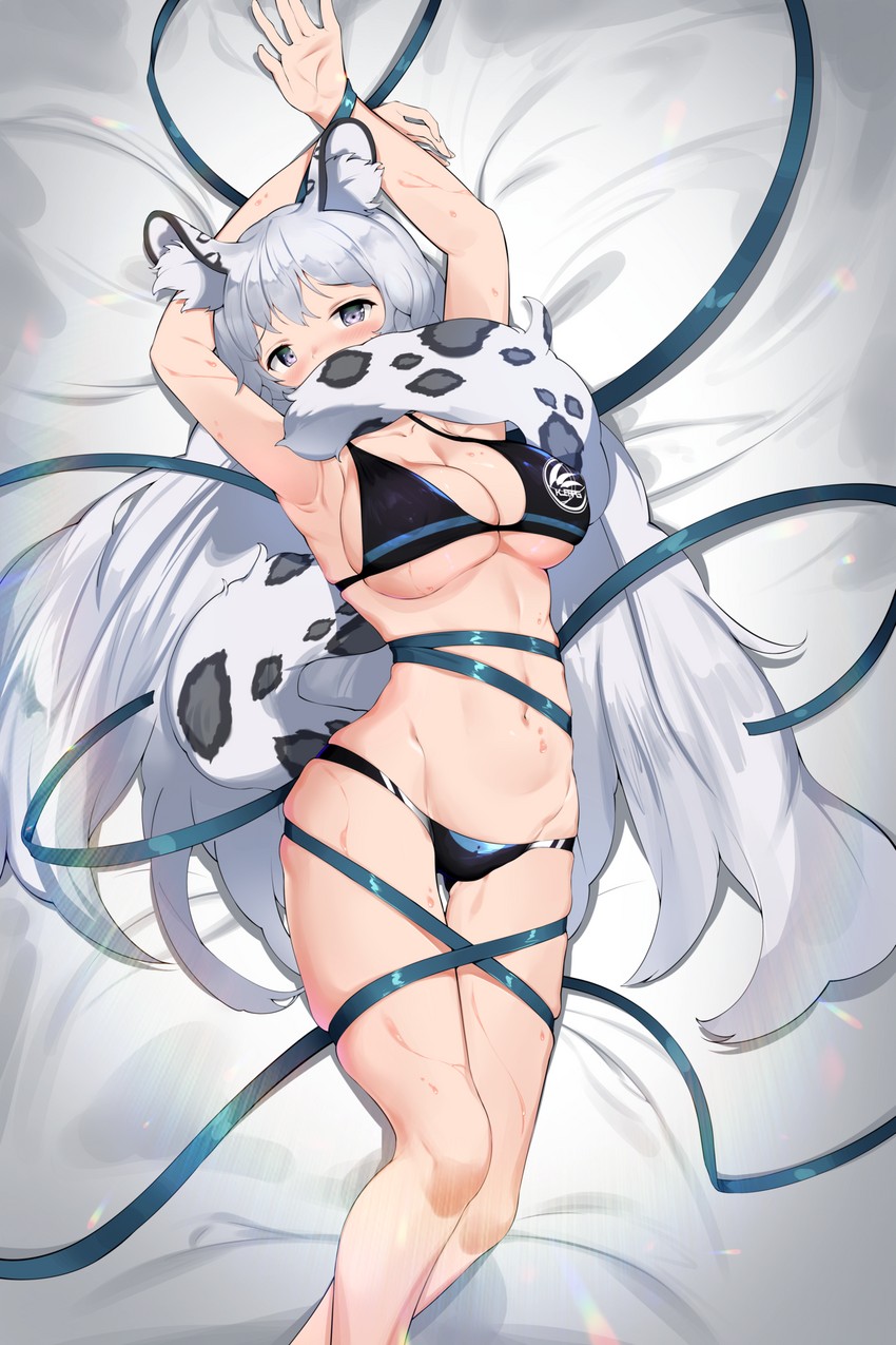 1girls animal_ear_fluff animal_ears arknights armpits arms_above_head arms_up big_breasts bikini bikini_bottom bikini_top black_bikini blue_ribbon blush breasts cat_ears cat_tail catgirl female gappt grey_eyes large_breasts midriff on_bed pramanix_(arknights) ribbon ribbon_bondage silver_eyes silver_hair solo solo_female swimsuit white_hair