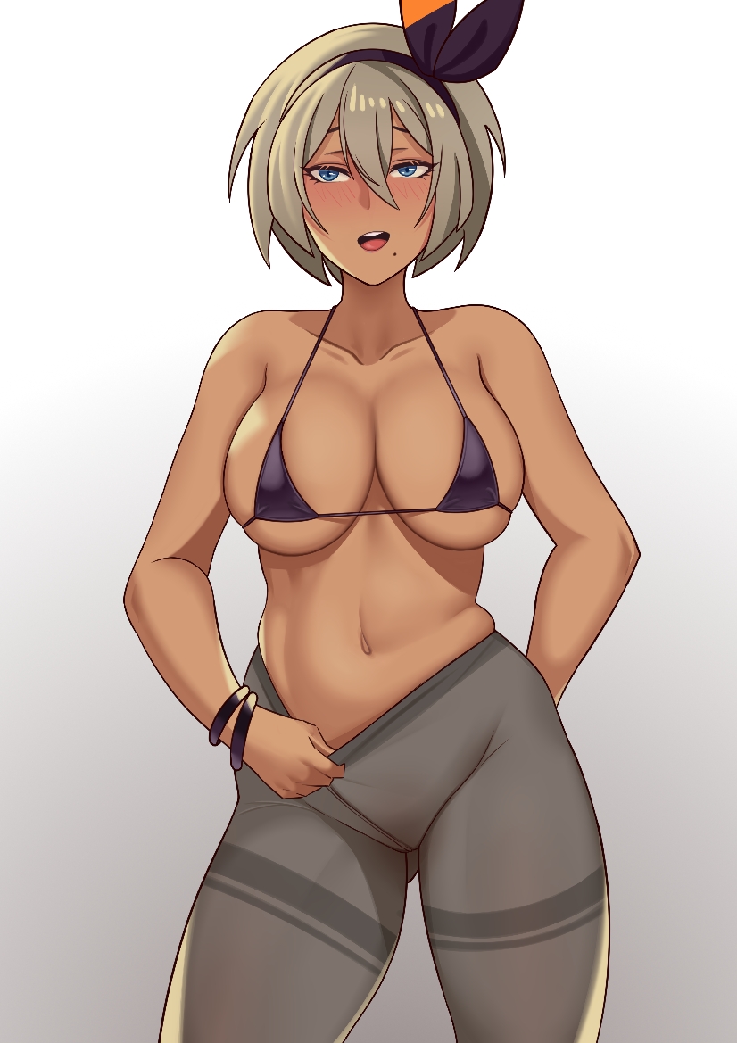 1girls bea_(pokemon) big_breasts dark-skinned_female dark_skin dzlily female grey_hair nintendo pokemon pokemon_ss short_hair standing thick_thighs thighs yoga_pants