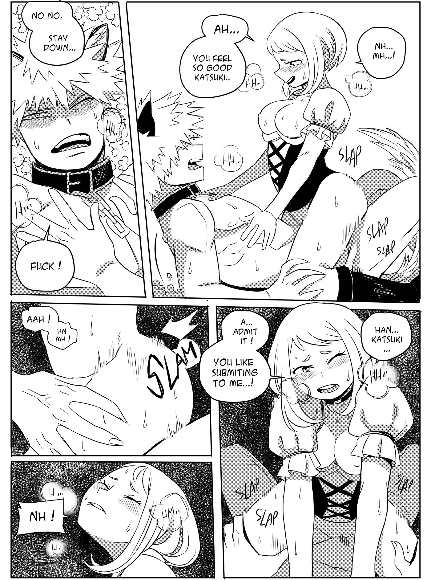 1boy, 1girls, ass, black and white, breasts, claws, comic, comics, cowgirl position, english text, female, katsuki bakugou, male, male blushing, my hero academia, ochako uraraka, orgasm, pussy, romantic, sex, straddle, straight, superevey, vaginal penetration, wolf ears