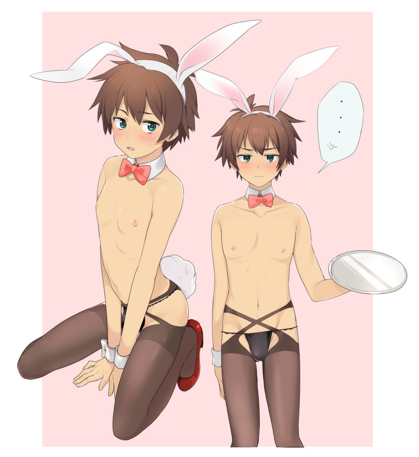 beige_skin blue_eyes bonkinu brown_hair bunny_ears femboy gay kono_subarashii_sekai_ni_shukufuku_wo! legwear male_only satou_kazuma tanga yaoi