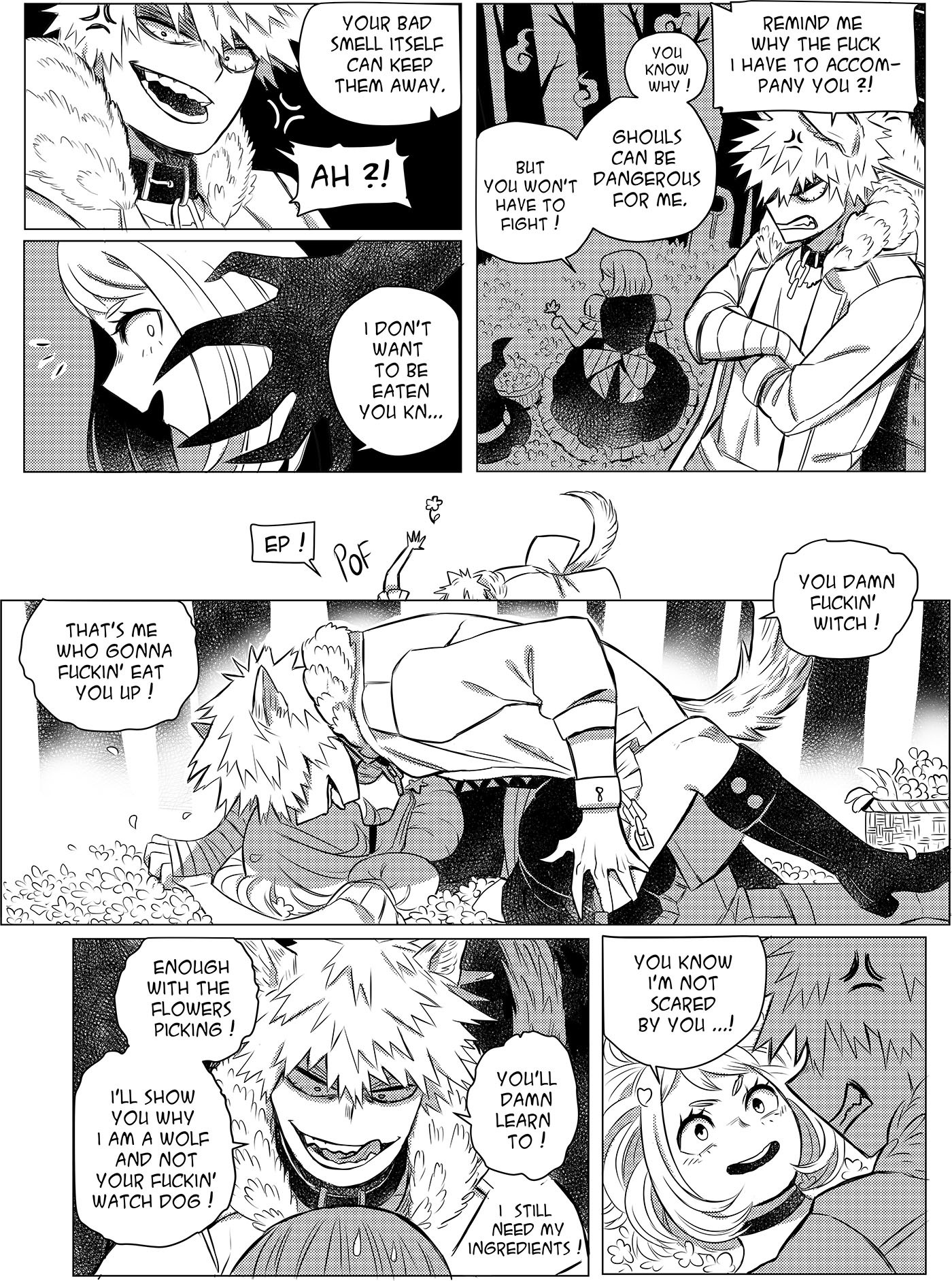 1boy, 1girls, animal ears, black and white, claws, comic, english text, female, katsuki bakugou, male, male/female, mounting, my hero academia, ochako uraraka, pinned, straight, superevey, text, werewolf, wolf boy, wolf ears, wolf tail