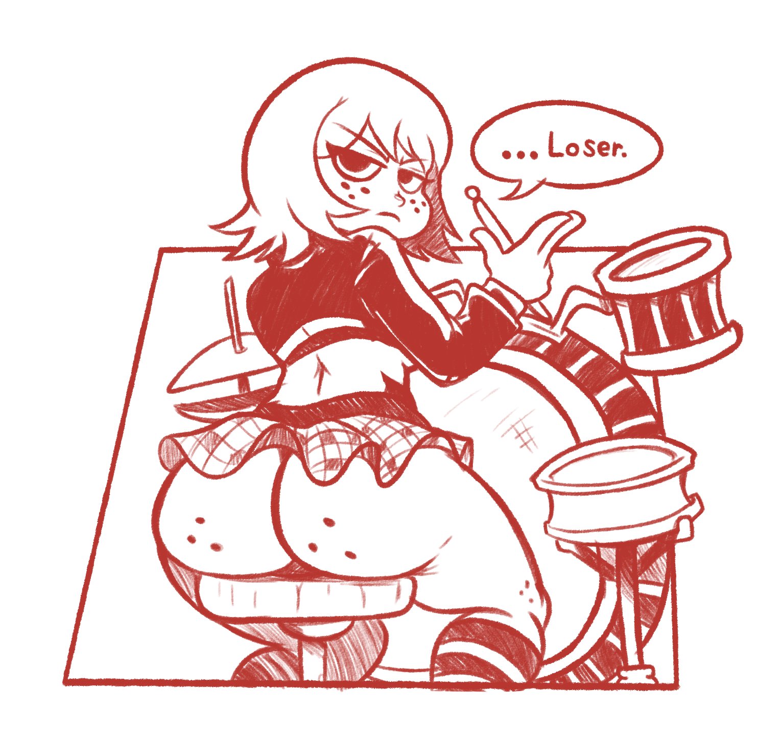 ass, ass crack, ass hanging out, ass hanging out of skirt, big ass, bottomwear, butt crack, casual, clothing, drillslewds, drum kit, drumsticks, female, freckles, freckles on ass, huge ass, human, kim pine, legwear, looking at viewer, outerwear, pale skin, scott pilgrim, short hair, short skirt, sitting on chair, skirt, socks, thick thighs, topwear, twindrills