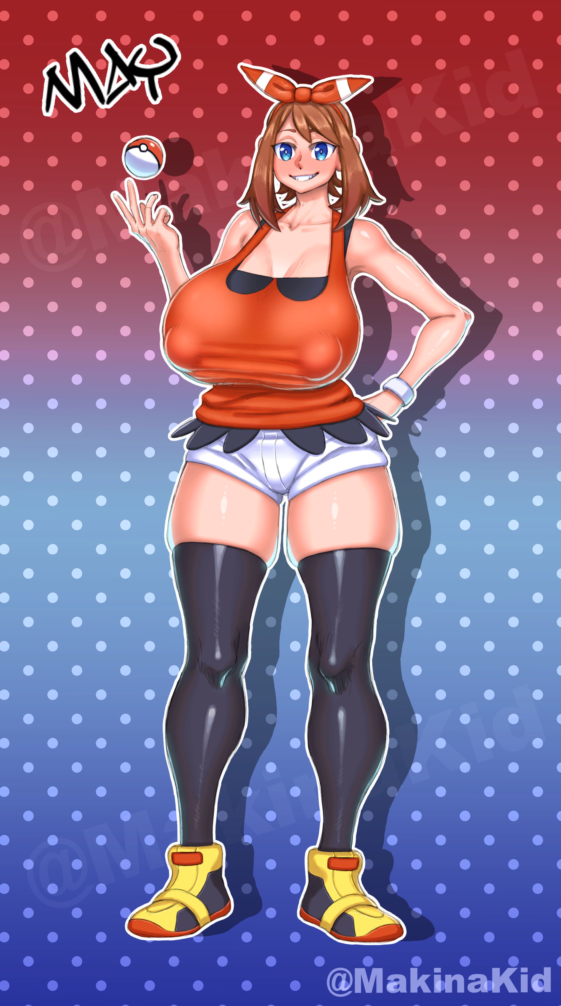1girls, alternate breast size, big breasts, blue eyes, breasts, brown hair, female, huge breasts, large breasts, light skin, light-skinned female, makinakid, may (pokemon oras), may (pokemon), minishorts, nintendo, nipple bulge, pale skin, pale-skinned female, pokemon, pokemon oras, standing, thick thighs, thighs, wide hips