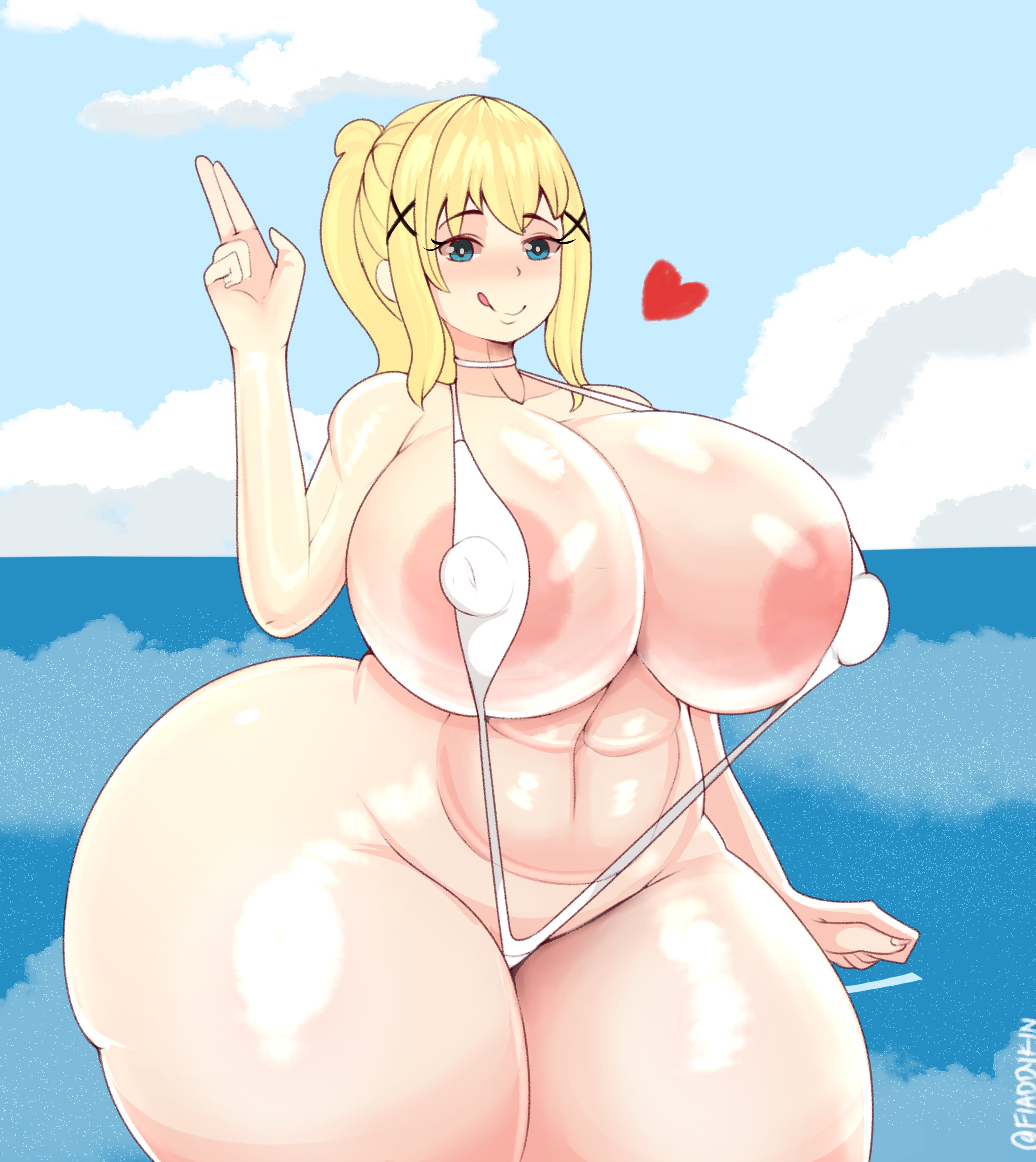 1girls, abs, absurdres, areola slip, areolae, ass, barely clothed, blonde hair, breasts, bubble ass, bubble butt, curvy, darkness (konosuba), erect nipples, female, female only, fladdykin, highres, hourglass figure, huge breasts, ineffective clothing, kono subarashii sekai ni shukufuku wo!, nipples, skimpy, sling bikini, solo, thick thighs, venus body, voluptuous, wide hips