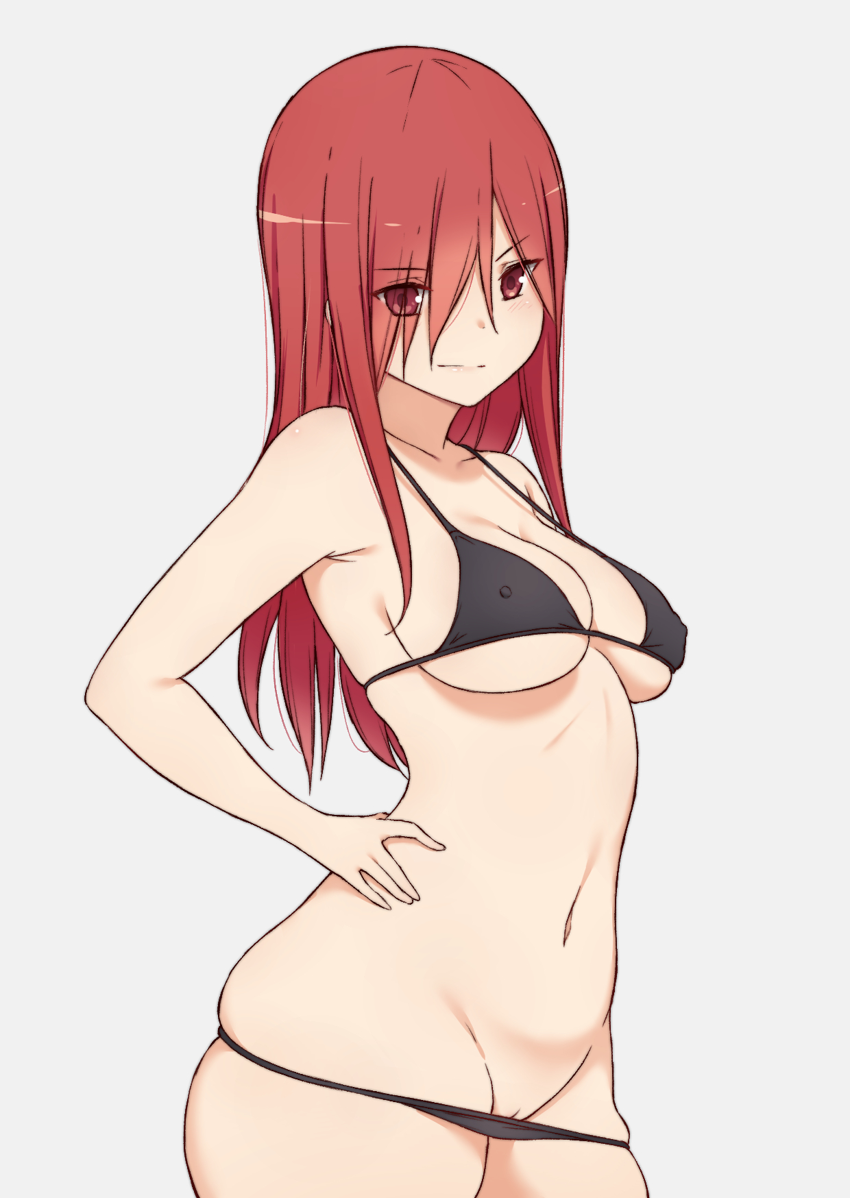 1girls, ass, bikini, bikini bottom, bikini top, black bikini, black panties, breasts, cleavage, clothing, curvaceous, curvy, curvy figure, erect nipples, erza scarlet, fairy tail, female, female only, hair over one eye, light skin, light-skinned female, micro bikini, nipple bulge, nipples, pale skin, pale-skinned female, panties, pants down, pose, posing, pussy, pussy peek, red eyes, red hair, red-haired female, revealing clothes, see-through, shaved pussy, sideboob, solo, solo female, solo focus, standing, swimsuit, thick thighs, thighs, underboob, undressing, vagina, wakkuchin20, white background, wide hips