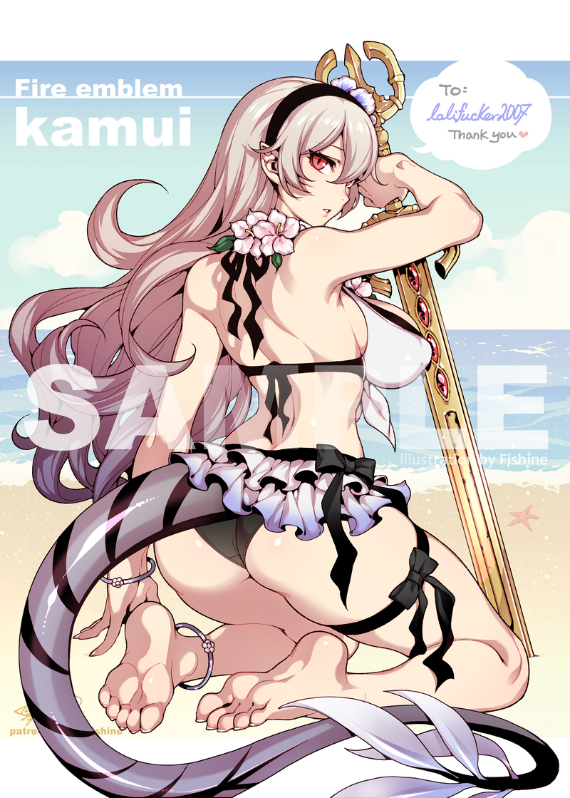 anklet ass black_bikini_bottom corrin_(fire_emblem) corrin_(fire_emblem)_(female) corrin_(summer)_(fire_emblem)_(female) dragon_girl feet fire_emblem fire_emblem_fates fire_emblem_heroes fishine flower flowers headband long_hair looking_back manakete pointy_ears red_eyes skirt slit_pupils swimsuit sword tail wavy_hair weapon