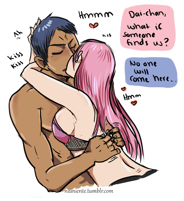 aomine_daiki bra foreplay kissing kuroko's_basketball kuroko_no_basuke male momoi_satsuki niuniente pink_hair romantic romantic_couple straight