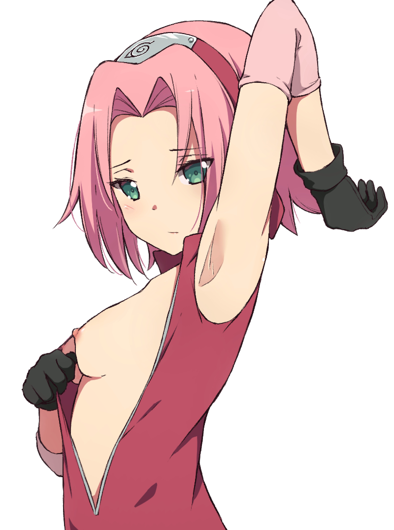 1girls, armpit fetish, armpits, arms above head, blush, breasts, clothed, clothing, cute, dress, elbow pads, erect nipples, female, fully clothed, gloves, green eyes, headband, jacket, light skin, light-skinned female, looking at viewer, naruto, naruto (series), naruto shippuden, nipples, no bra, open clothes, open jacket, oppai, pale skin, pale-skinned female, perky breasts, pink hair, pose, posing, sakura haruno, sleeveless dress, small breasts, solo, solo female, solo focus, standing, undressing, wakkuchin20, white background
