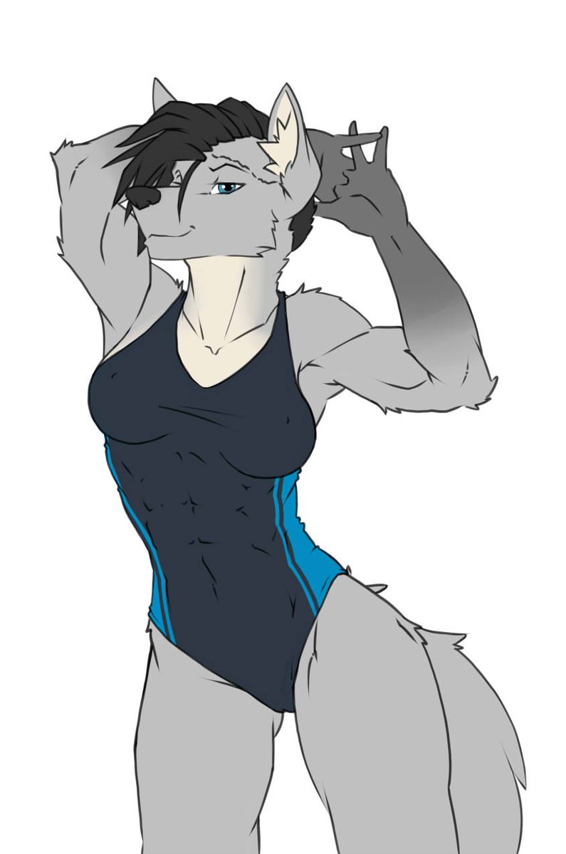anthro black_hair blue_eyes canid canine canis clothed clothing female fluffy fluffy_tail fur genitals grey_body grey_fur hair hi_res kyla mammal multicolored_body multicolored_fur muscular muscular_anthro muscular_female nipple_outline one-piece_swimsuit one_eye_closed partially_clothed pussy saruuk simple_background smile solo spreading swimwear white_background wolf