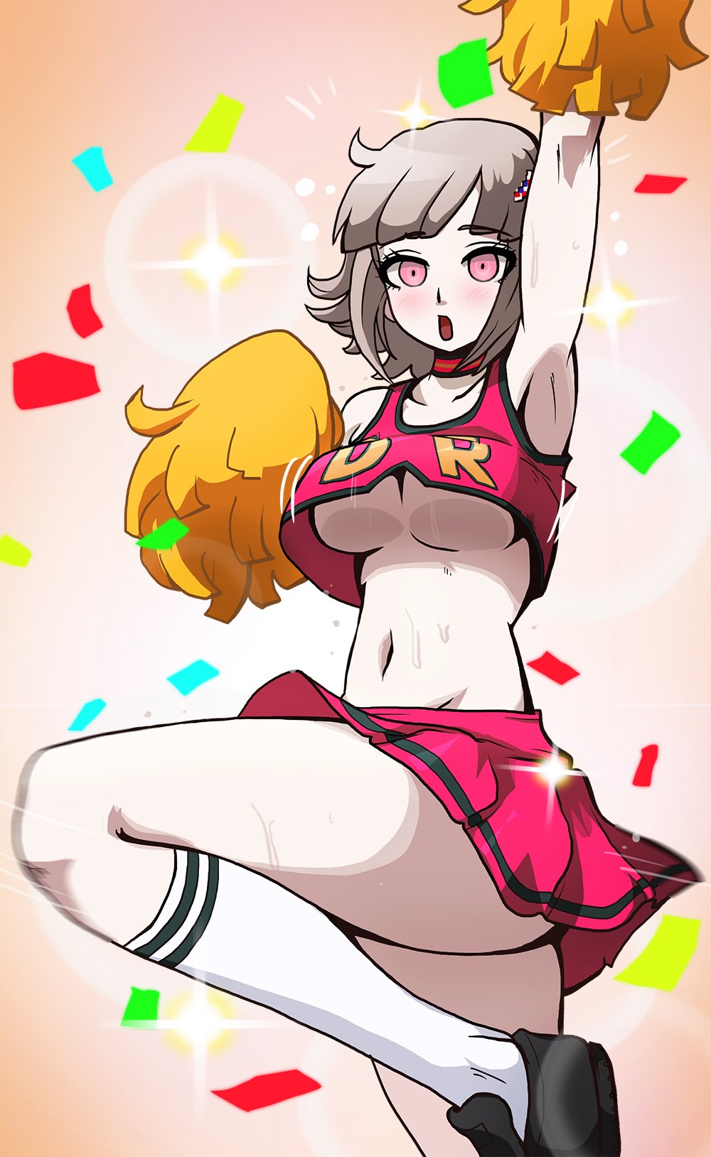 1girls, blush, breasts, cheerleader, cheerleader uniform, danganronpa, danganronpa 2: goodbye despair, female, female only, mosbles, motion blur, nanami chiaki, one leg up, pale skin, pink eyes, pinup, solo, source request, straight hair, underboob