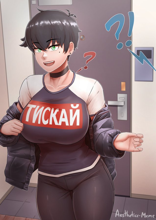 1girls, absurdres, aestheticc-meme, alex/tomboy-chan, big breasts, black hair, bra, breasts, choker, ear piercing, female, female only, green eyes, highres, huge breasts, large breasts, mole, mole under eye, original, solo, thick thighs, tomboy, very short hair