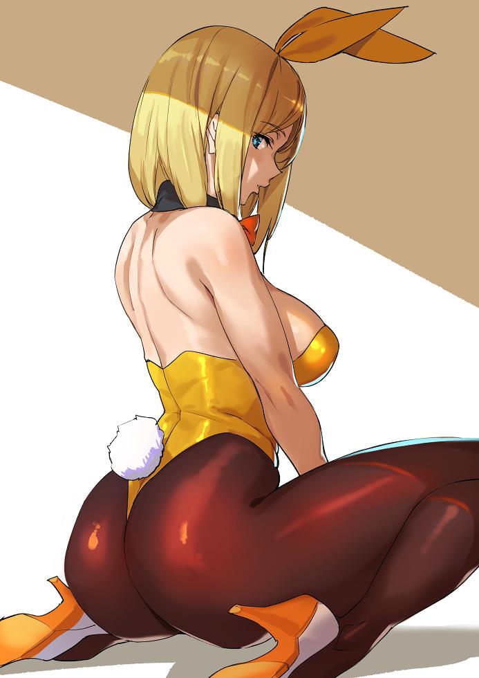 arc system works, ashiomi masato, ass, back view, blonde hair, blue eyes, bunny ears, bunny girl, bunny tail, bunnysuit, female, guilty gear, high heels, kneeling, leotard, long hair, looking at viewer, looking back, millia rage, pinup, pose, simple background, solo focus