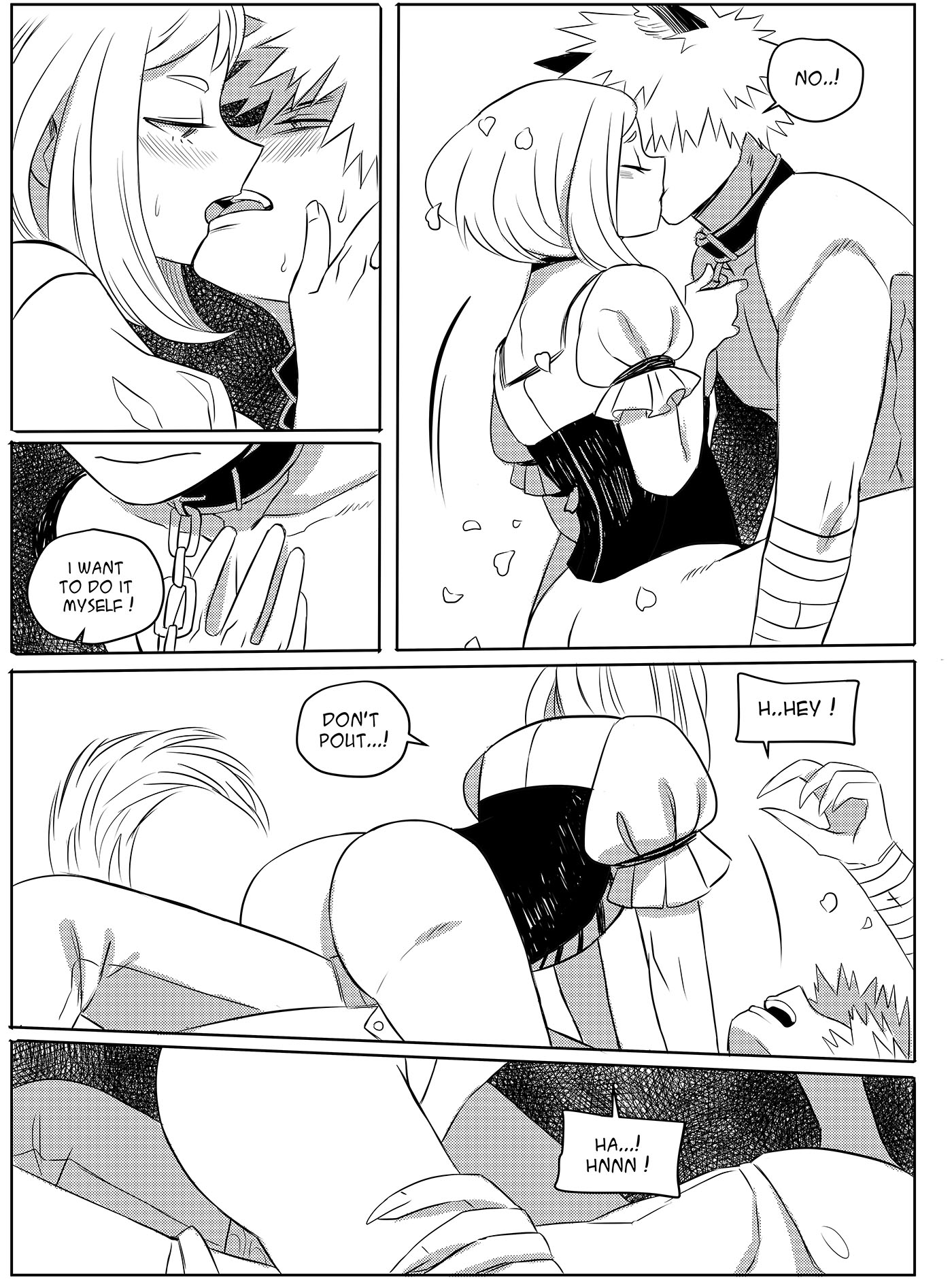 1boy, 1girls, ass, black and white, claws, comic, female, katsuki bakugou, kissing, male, male/female, my hero academia, ochako uraraka, pussy, sex, straddle, straight, superevey, vaginal penetration, wolf ears, wolf tail