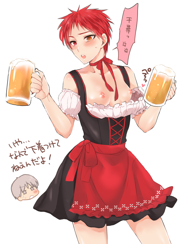 1girls alcohol beer beer_mug blush breasts breasts_out dirndl exposed_breasts exposed_nipples genderswap_(mtf) heterochromia kuroko_no_basuke mayuzumi_chihiro red_hair rule_63 seijuro_akashi short_hair small_breasts text tracht waitress white_background