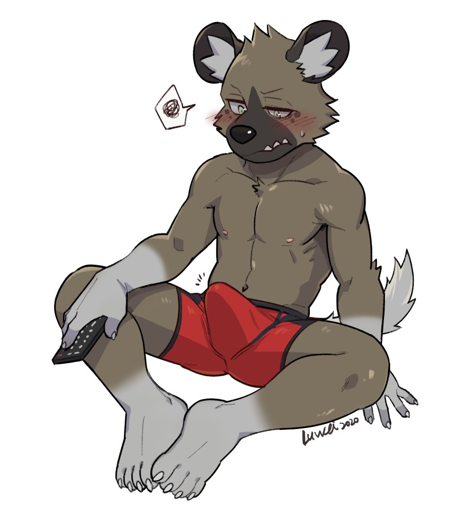 1boy aggressive_retsuko anthro blush bodily_fluids bulge chang52084 clothed clothing erection erection_under_clothes erection_under_clothing haida hyaenid luwei_(artist) male male_only mammal muscular muscular_anthro muscular_male red_underwear sanrio sitting smooth_fur solo sweat sweatdrop topless underwear