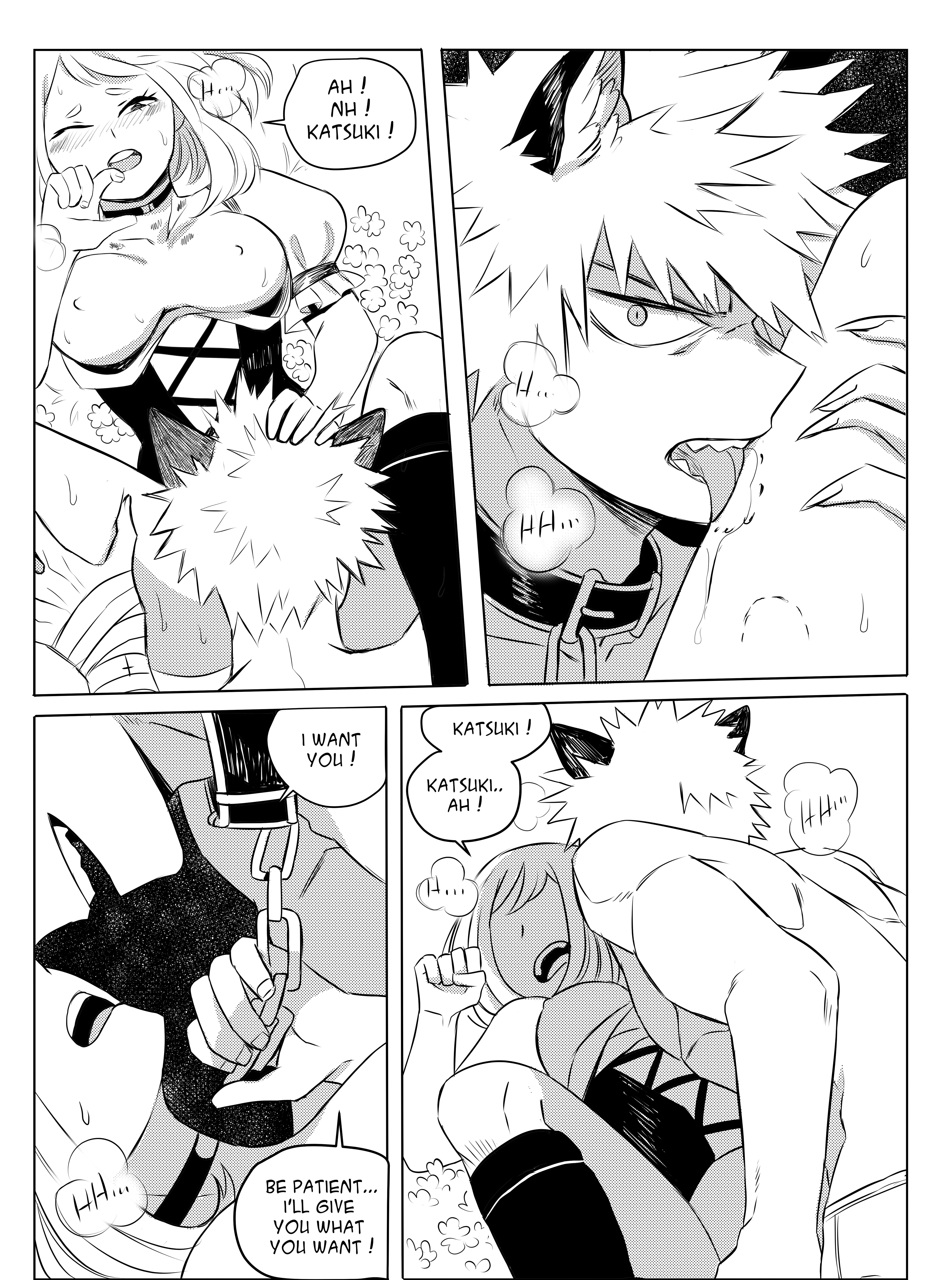 1boy, 1girls, bite mark, black and white, chains, claws, collar, comic, comics, cunnilingus, female, katsuki bakugou, male, my hero academia, ochako uraraka, romantic, straight, superevey, wolf ears