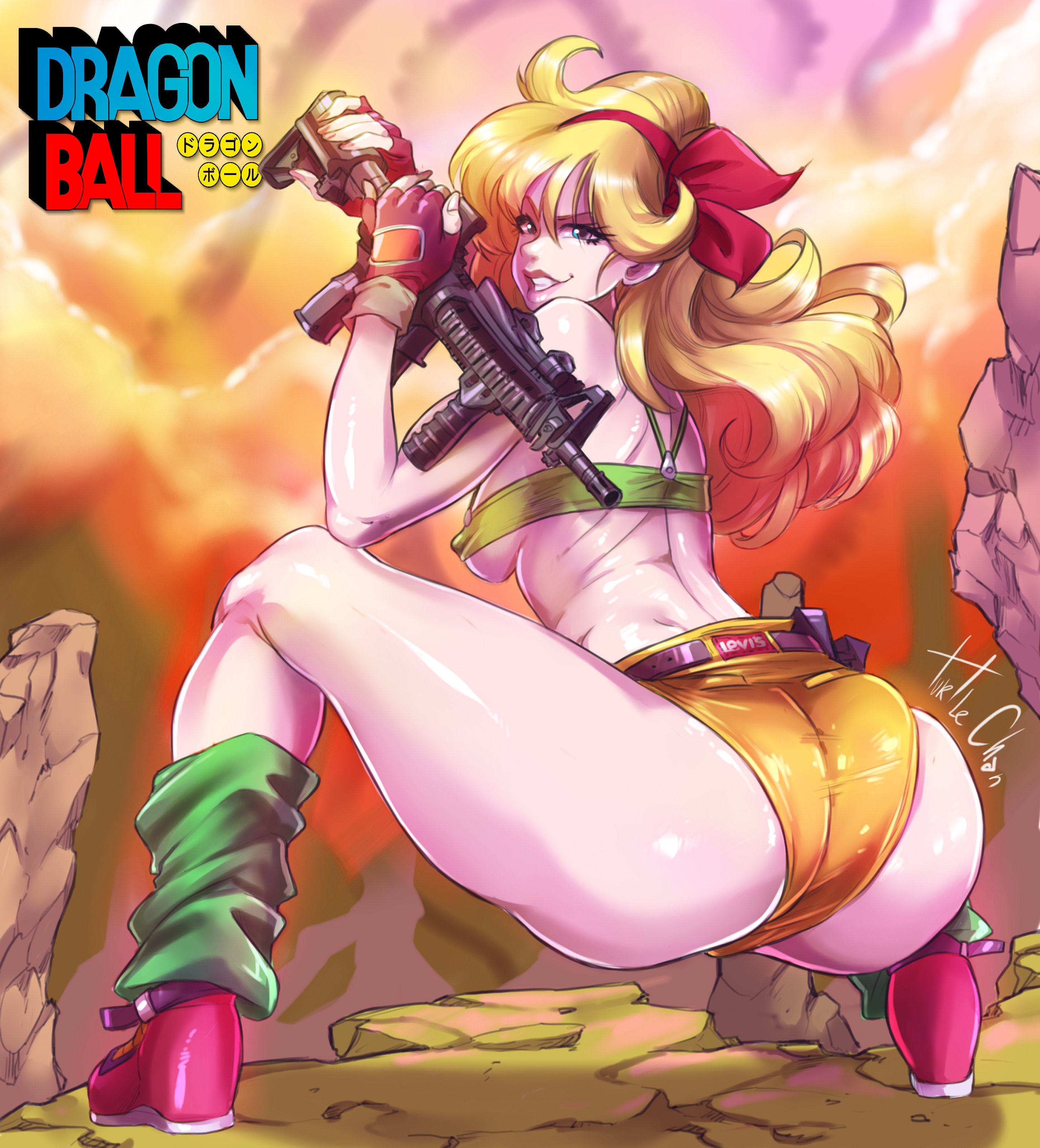 ass, bad launch, bare shoulders, blue eyes, breasts, bubble ass, bubble butt, busty, dragon ball, dragon ball (classic), erect nipples, female, female focus, female only, gun, hourglass figure, launch, lunch (dragon ball), nipple bulge, nipples, pinup, pinup pose, rifle, shoes, sideboob, skimpy, skimpy clothes, sneakers, squatting, tagme, thick thighs, turtlechan, underboob, weapon, wide hips