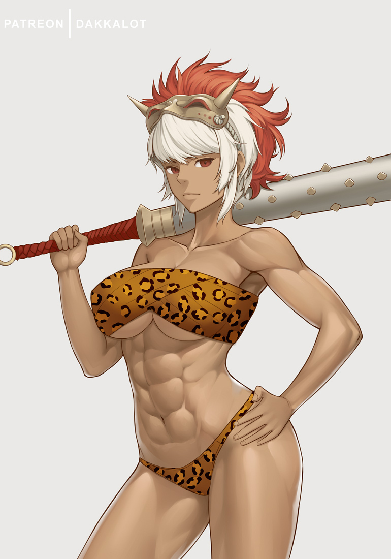 1girls abs areolae bare_midriff big_breasts chest_sarashi cleavage club_(weapon) collarbone dakkalot dark-skinned_female dark_skin female female_only fire_emblem fire_emblem_fates hand_on_hip large_breasts looking_at_viewer mask midriff muscular muscular_female nintendo red_eyes rinkah_(fire_emblem) sarashi short_hair solo underboob weapon white_hair