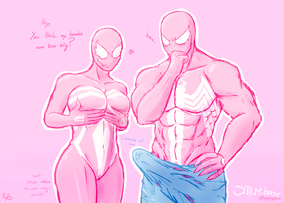 1boy 1girls 2018 abs alien big_breasts breast_grab breast_squeeze breasts claws clothed clothing dialogue duo english_text erection fangs female genitals hand_on_breast heart humanoid humor large_breasts male marvel muscular muscular_male partially_clothed penis penis_with_face pink_background pink_body pink_skin she-venom simple_background smile smiling smooth_skin smutbase spider-man_(series) straight symbiote talking text venom_(marvel) voluptuous watermark