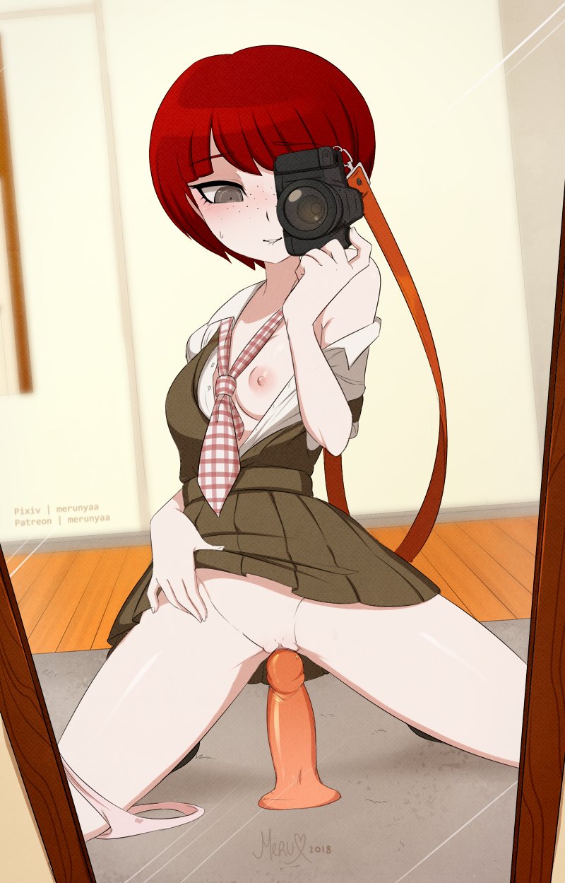 1girls, biting lip, bob cut, breasts, camera, clothed, clothing, danganronpa, danganronpa 2: goodbye despair, dildo, eyelashes, female, freckles, fringe, grey eyes, koizumi mahiru, merunyaa, mirror, panties, panties around leg, panties around one leg, panties aside, photo, pleasure face, preparation, pussy, pussy juice, red hair, school uniform, schoolgirl, shaved pussy, short hair, skirt, straight hair, sweat, taking picture, teenager