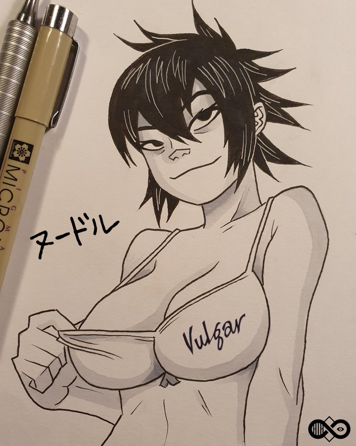 belly, belly button, bra, breasts, cleavage, collarbone, elbow, female, gorillaz, hand on breast, harrisartz, messy hair, noodle (gorillaz), smile, tagme, undressing