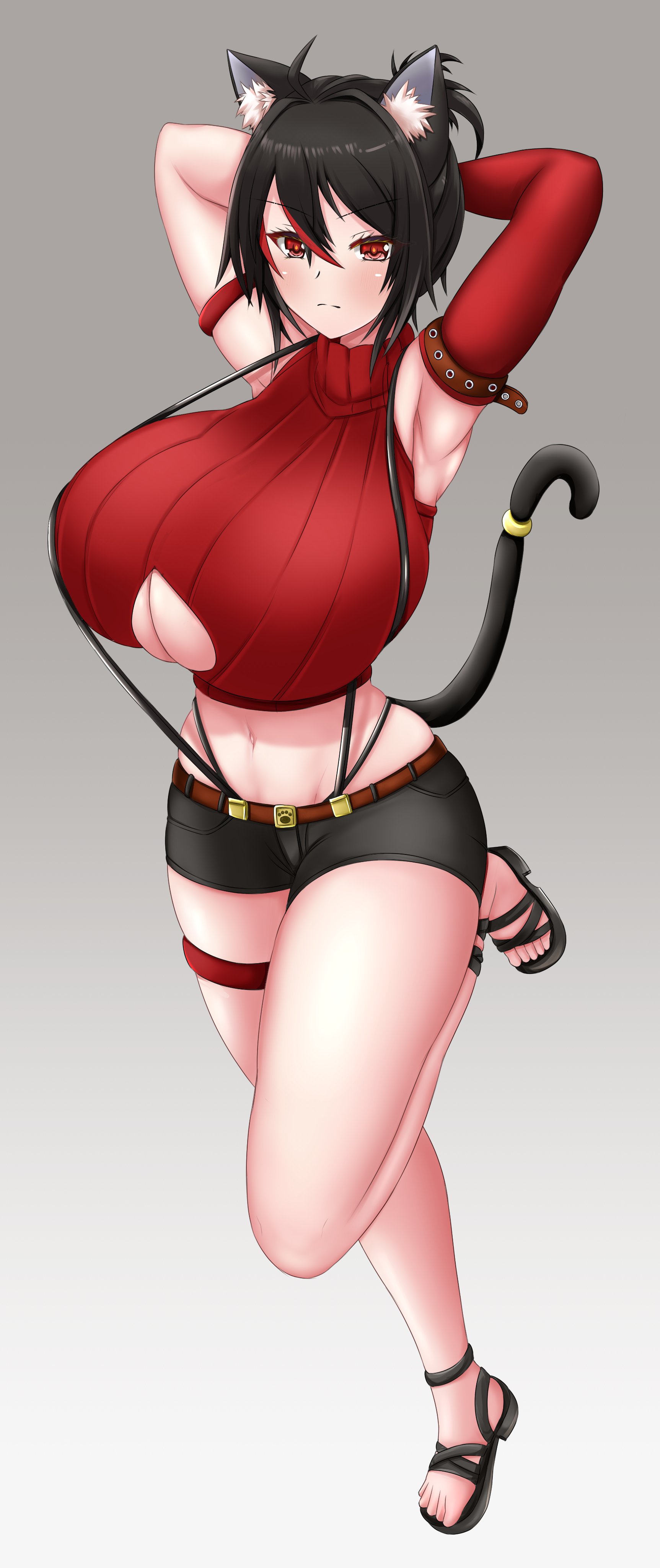 breasts, cat ears, cat girl, cat tail, catgirl, cleavage, curvy, female, huge breasts, kaede kiten, looking at viewer, mameneko, original, red eyes, skimpy clothes, thick thighs