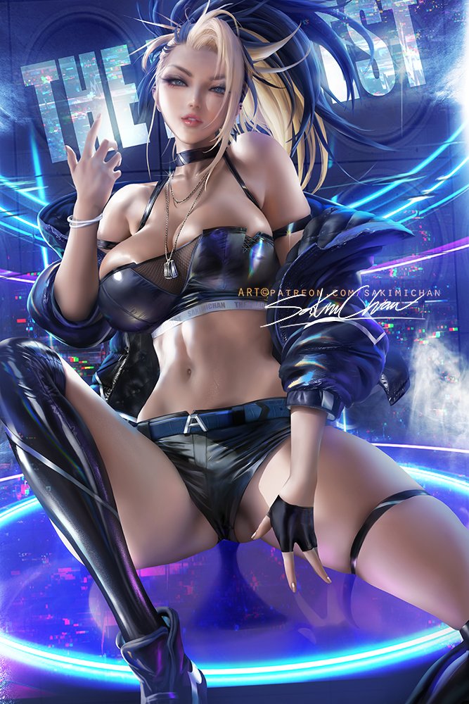 1girls, akali, alternate costume, big breasts, breasts, cleavage, female, female only, k/da akali, k/da series, large breasts, league of legends, looking at viewer, sakimichan, solo, spread legs