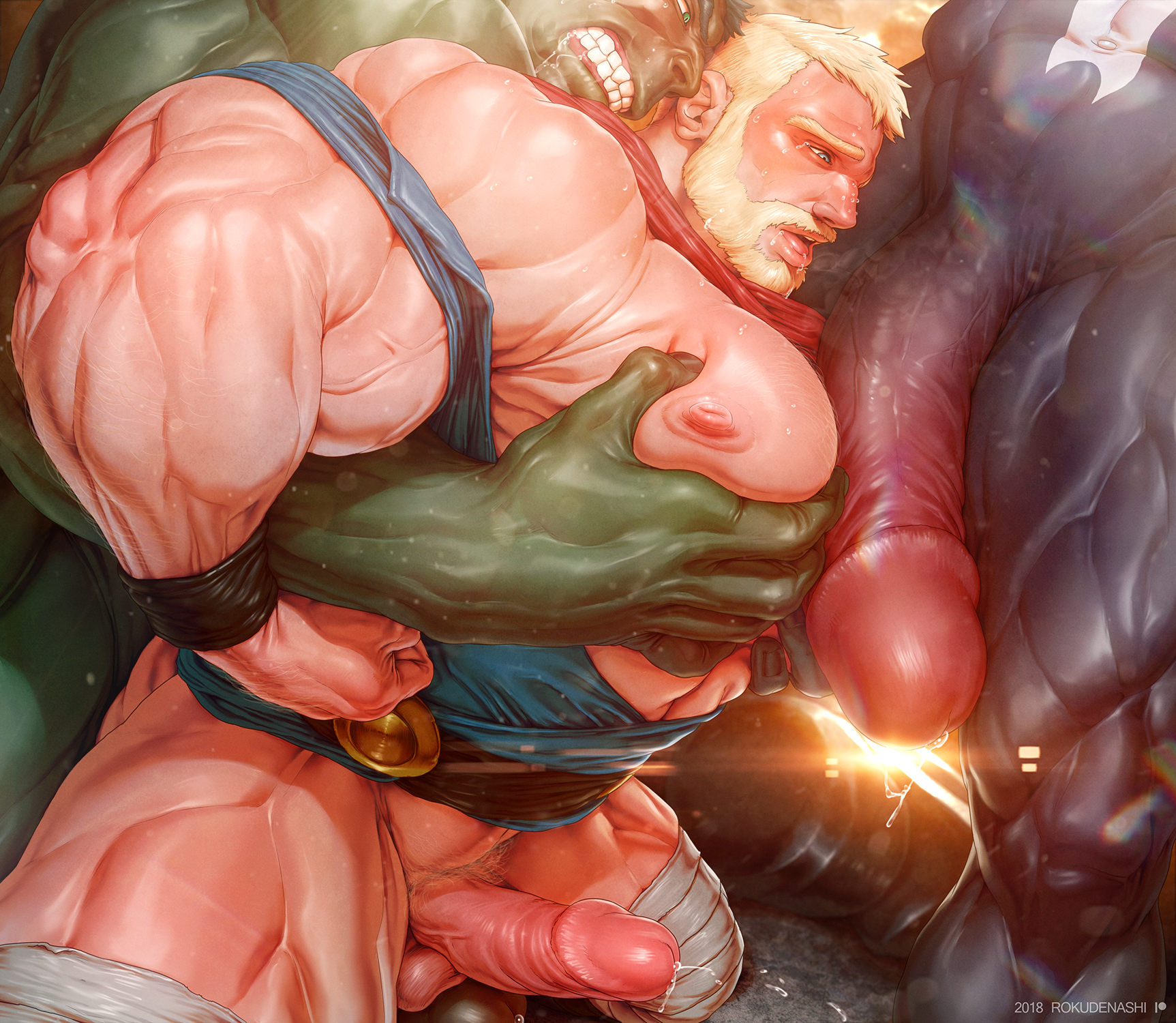 3boys, anal, bara, beard, biceps, blonde hair, blue eyes, erection, excessive muscles, extreme muscles, gay, green skin, green-skinned male, groping, huge cock, huge nipples, hulk, hulk (series), human, human on humanoid, humanoid, hyper muscles, interspecies, interspecies yaoi, light skin, light-skinned male, macro, male, male only, male/male, marvel, marvel comics, moobs, muscles, muscular, pecs, penis, precum, rokudenashi, size difference, spider-man (series), thor (marvel), thor (series), venom, venom (marvel), yaoi