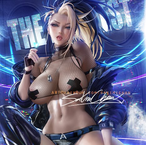 1girls, akali, alternate costume, big breasts, breasts, cleavage, female, female only, k/da akali, k/da series, large breasts, league of legends, looking at viewer, pasties, sakimichan, solo, spread legs