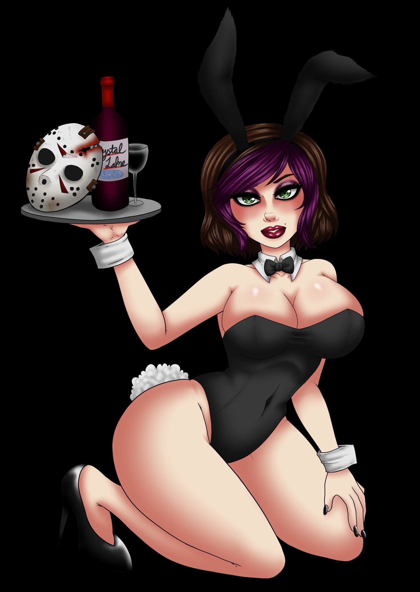1girls, a.j. mason, ass, beauty mark, big breasts, black background, black nails, bowtie, breasts, bunny ears, bunny girl, bunny tail, bunnysuit, busty, cleavage, cosplay, cup, curvaceous, curves, curvy, curvy figure, dark background, female, female focus, female only, friday the 13th, friday the 13th: the game, gatorchan, glass, glass cup, goth, green eyes, heels, high heels, hockey mask, hourglass figure, large breasts, light skin, light-skinned female, lipstick, looking at viewer, mask, mole, mole above mouth, multicolored hair, outfit, purple hair, red lips, red lipstick, simple background, thick ass, thick legs, thick thighs, water, wide hips, wine glass