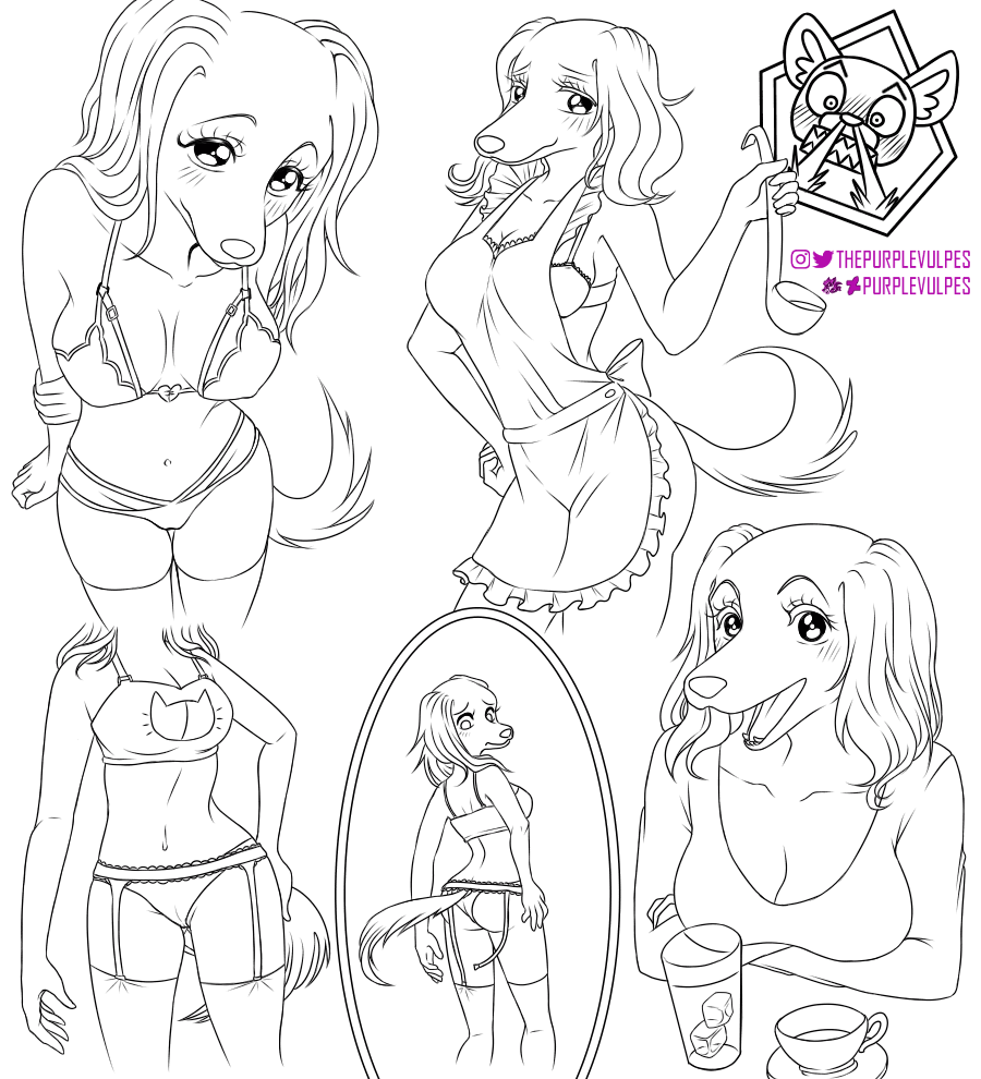 aggressive_retsuko aggretsuko anthro cat_keyhole_bra cat_keyhole_lingerie haida haida_(aggretsuko) inui_(aggressive_retsuko) inui_(aggretsuko) lingerie meme mirror monochrome multiple_poses purplevulpes sanrio straight_hair tagme