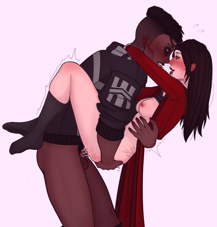 amanda young, blush, breasts, breasts out, clothed, clothing, crossover, cum, cum in pussy, cum inside, dark skin, dark-skinned male, dbd, dead by daylight, female, joey (dead by daylight), male, penetration, piercing, pussy, saw (series), standing sex, the legion