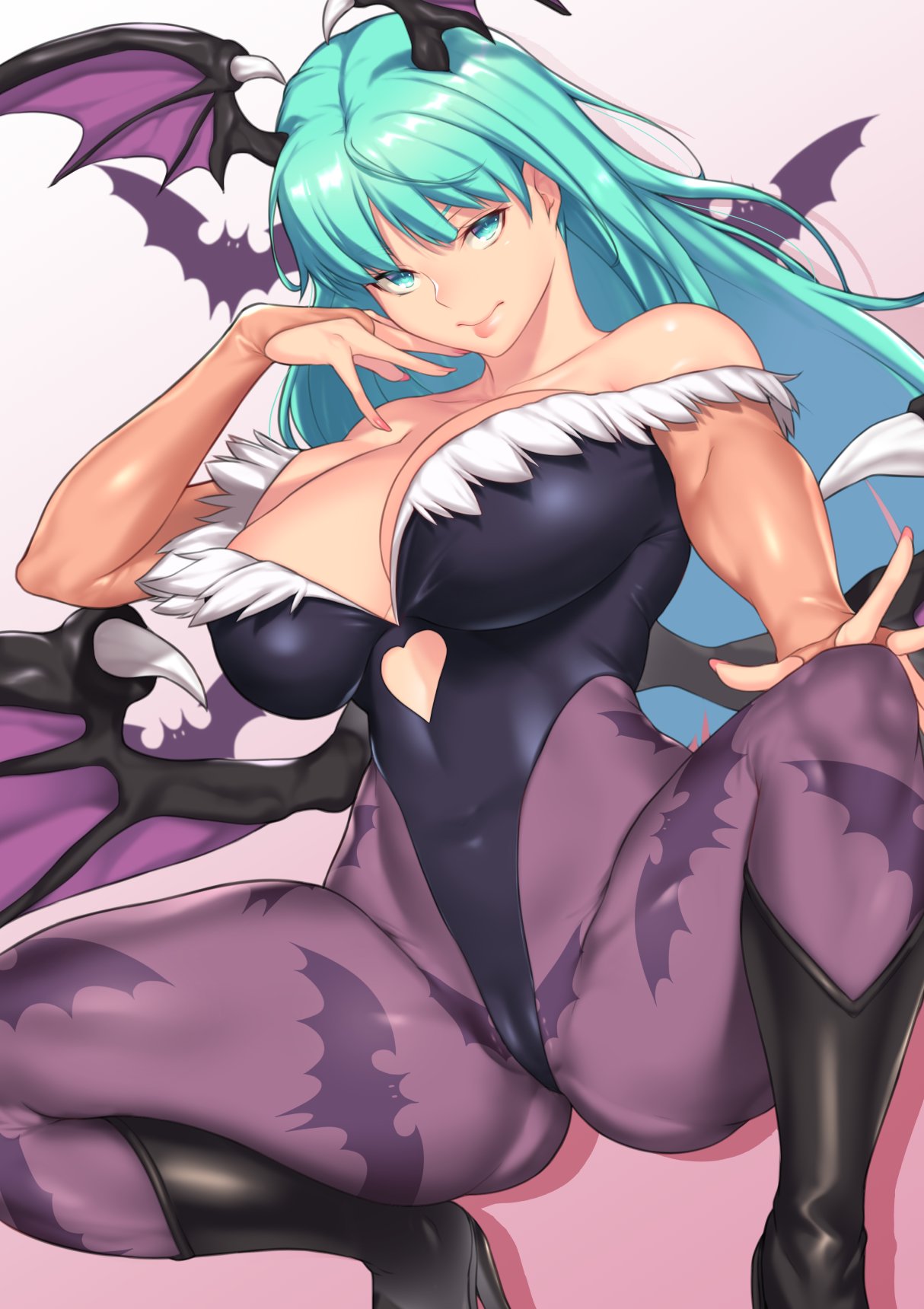 armwear, aster crowley, bat print, bat wings, big, breasts, capcom, cleavage, clothed, clothing, darkstalkers, demon, demon girl, female, female focus, green eyes, green hair, head wings, high heels, highres, leotard, long hair, medium breasts, morrigan aensland, pantyhose, pussy, pussy floss, solo, solo female, solo focus, squatting, succubus, thick thighs, turquoise hair
