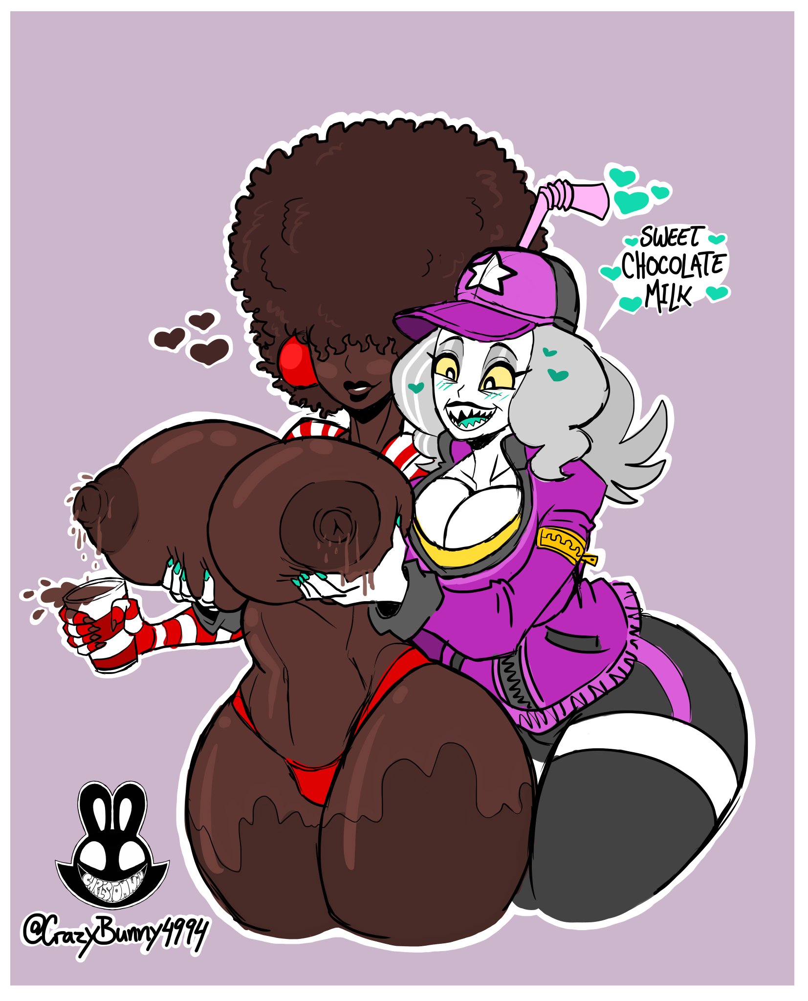 2girls, ass, big ass, big breasts, black hair, breasts, christomwow, clothing, dark skin, dark-skinned female, female, hair over eyes, milf, milk, multiple females, multiple girls, smile, thick thighs
