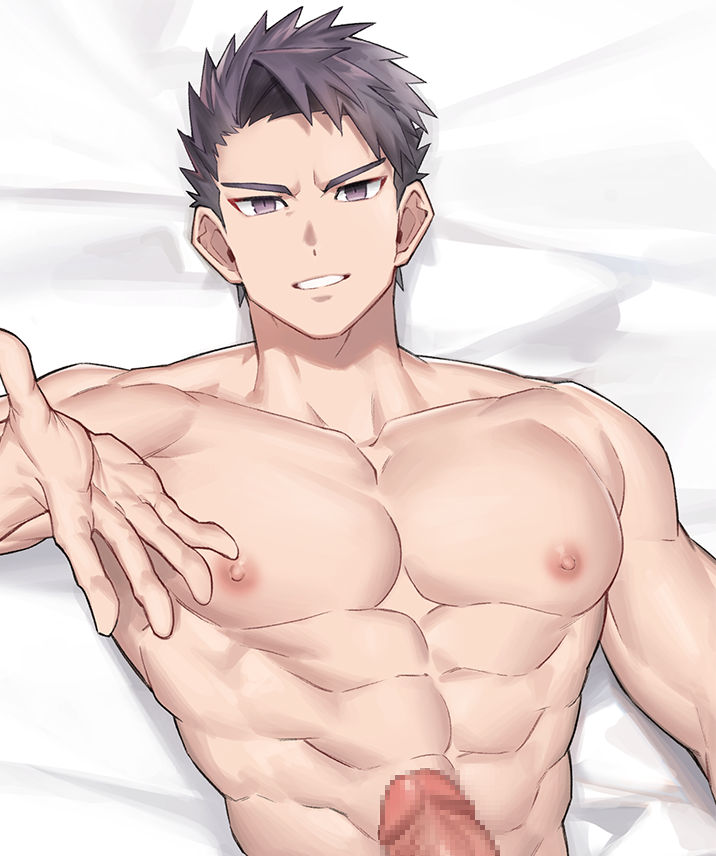 1boy abs bara bed censored chest come_hither completely_nude cropped erection fate/grand_order fate_(series) gondom grey_hair lancelot_(fate/grand_order) male male_focus male_only mosaic_censoring muscles muscular muscular_male nipples nude open_mouth pectorals penis purple_eyes purple_hair short_hair solo upper_body