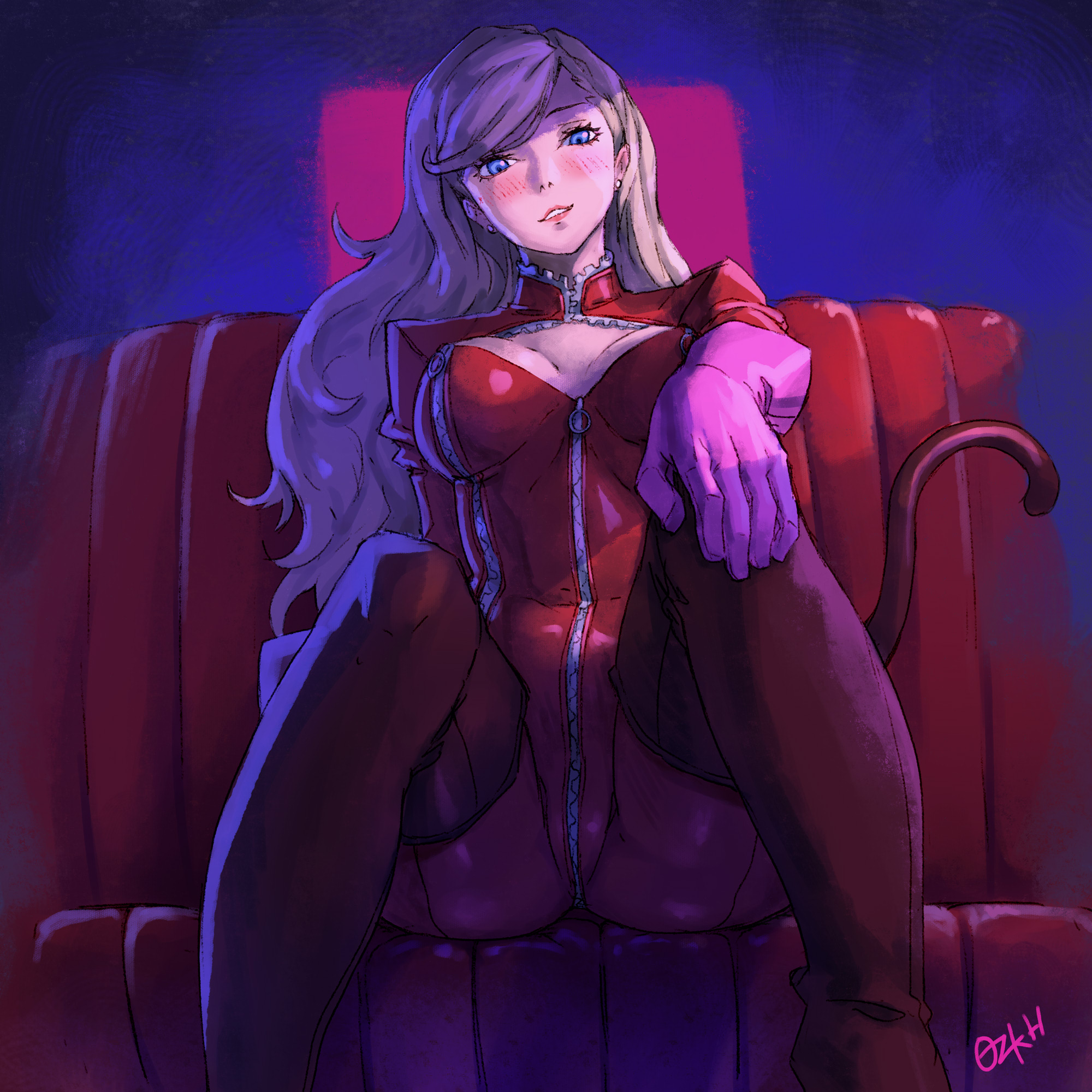 1girls, ann takamaki, big breasts, bimbo, blonde hair, blue eyes, blush, breasts, cat tail, curvy, cute, dominatrix, eyeliner, female, gloves, hair down, lipstick, long hair, open legs, ozkh, persona, persona 5, phantom thief suit, seductive, seductive eyes, seductive look, seductive smile, thin waist, wide hips