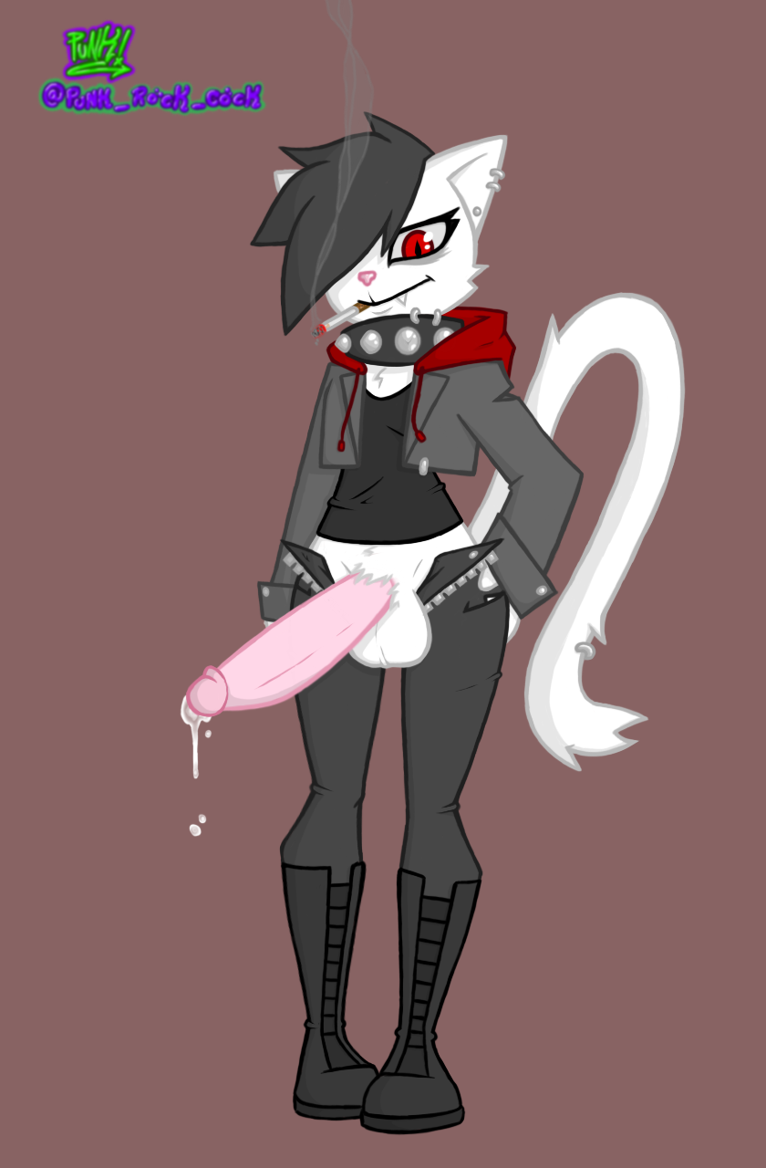 1futa black_hair cigarette clothed clothing erection feline full_body furry futanari hair_over_one_eye open_clothes open_pants partially_clothed penis_out piercing precum precum_drip punk-tan red_eyes smoking solo_futa tail_piercing white_fur