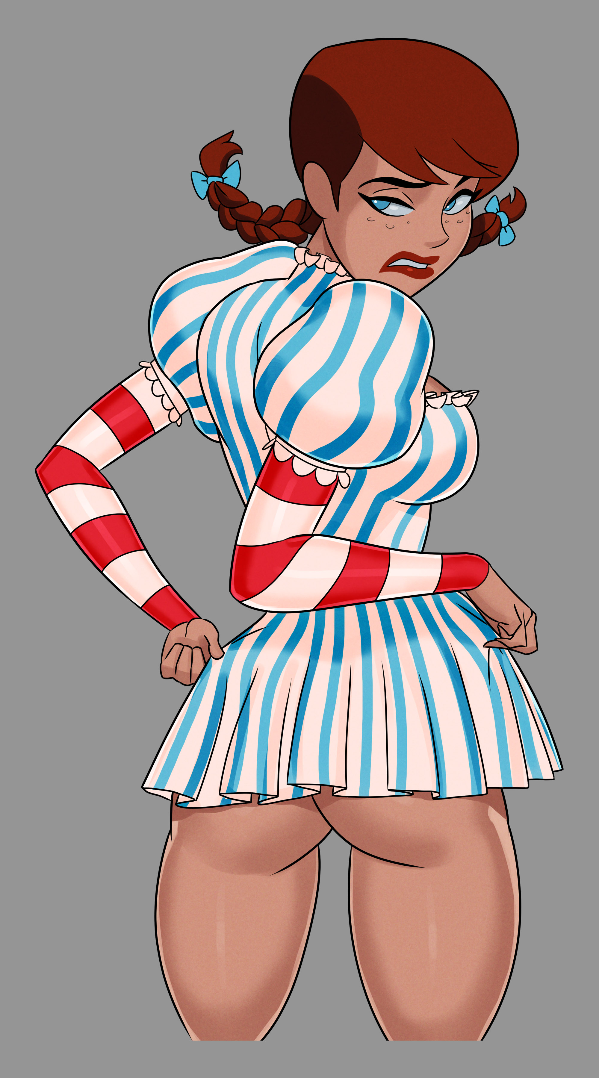 1girls, ass, barbara gordon, batman (series), big breasts, breasts, cosplay, dc, dc comics, dcau, dress, dress lift, female, female only, from behind, full body, lipstick, looking back, red hair, solo, striped dress, sunsetriders7, twintails, wendy thomas, wendy thomas (cosplay), wendy's