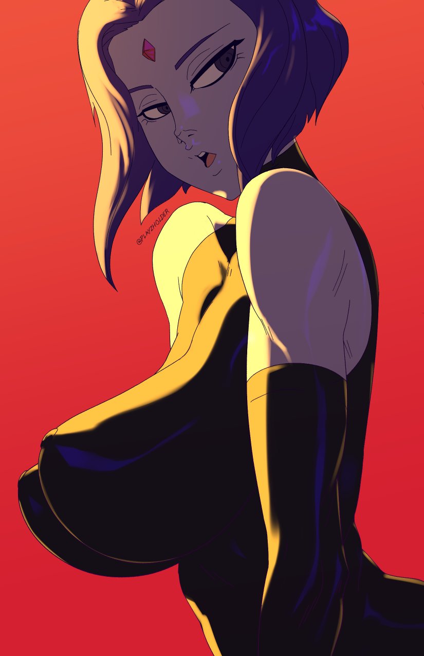 1girls, big breasts, breasts, dc, dc comics, female, female only, large breasts, leotard, pale skin, playzholder, purple hair, rachel roth, raven (dc), short hair, smooth skin, solo, teen titans, tight clothing