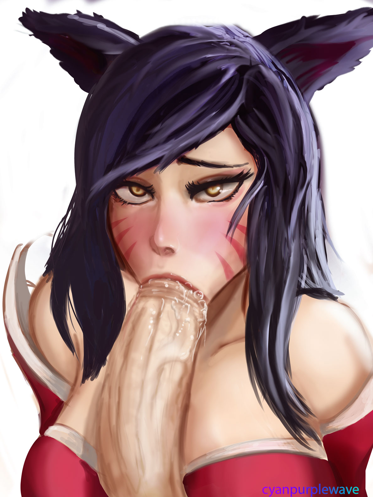 :>=, 11ahri, ahe gao, ahri, blowjob, cyanpurplewave, fellatio, female, fox ears, league of legends, looking pleasured, looking up, male, male pov, naughty face, pleasure face, pov