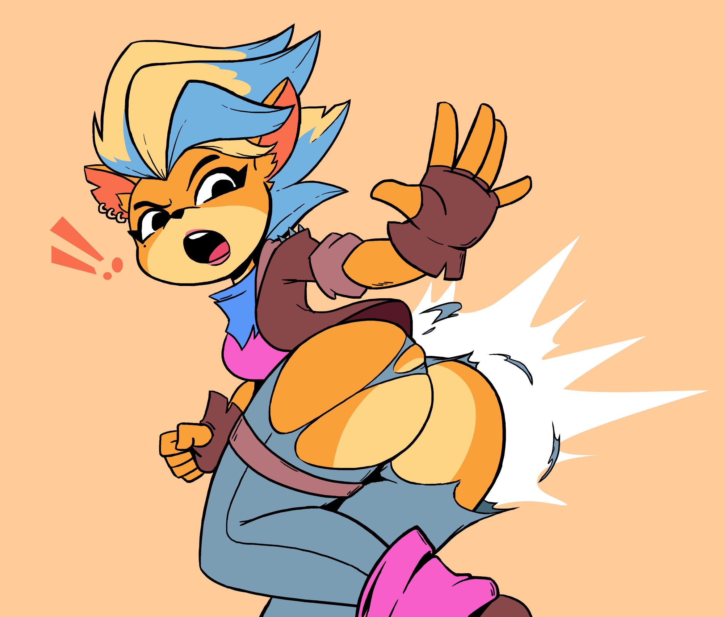 !!, activision, anthro, ass, bandicoot, bottomwear, clothing, crash (series), crash bandicoot 4: it's about time, enf, exposed ass, exposed butt, female, fingerless gloves, gloves, hair, handwear, hi res, lost clothes, mammal, marsupial, multicolored hair, pants, pirate tawna, solo, surprise, tawna bandicoot, tawna bandicoot (crash 4), torn bottomwear, torn clothing, torn pants, video games, wardrobe malfunction, yopy